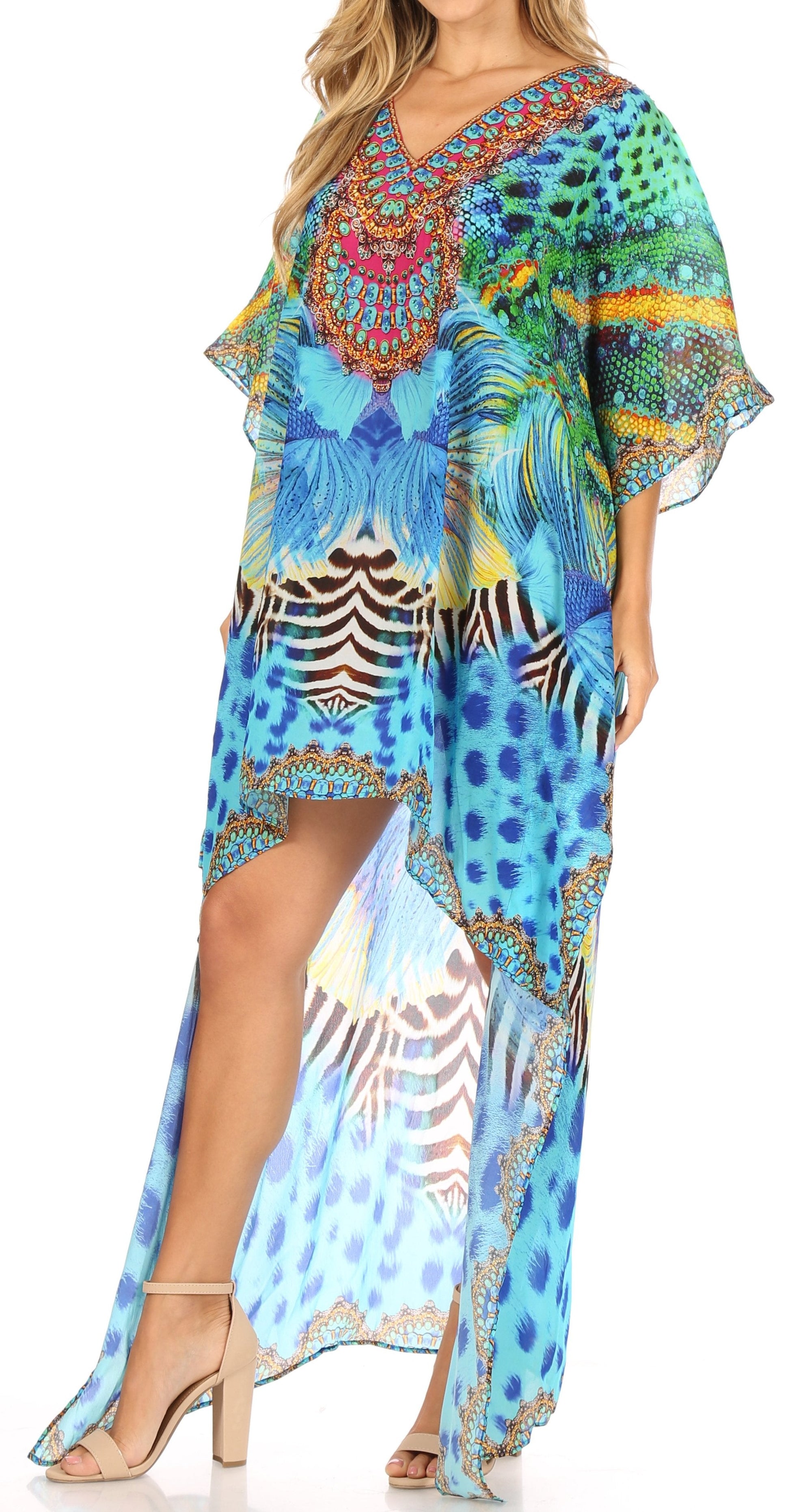 Sakkas Laisson Flowy Hi Low Caftan Rhinestone Boxy V Neck Dress Top Cover / Up - Concordia Style Boutique