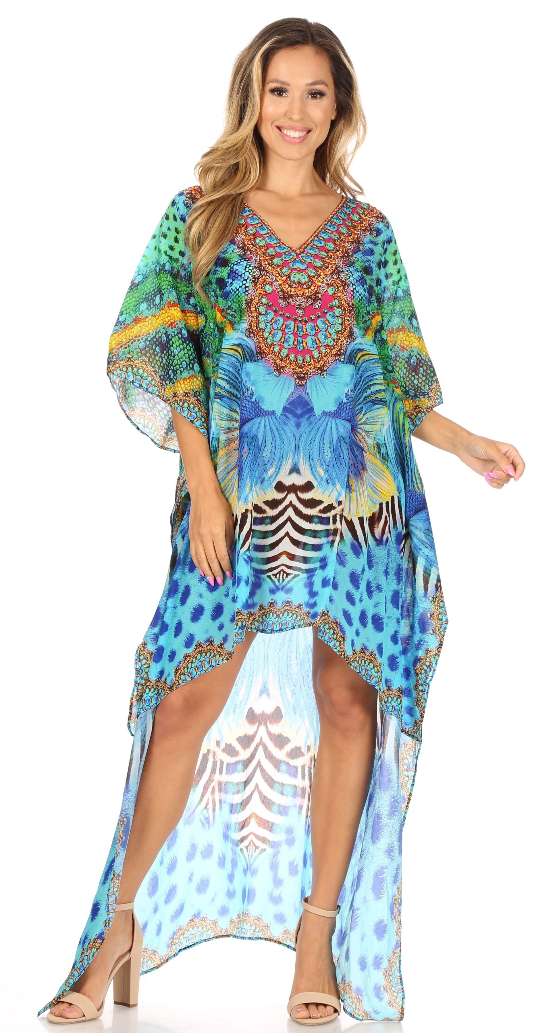 Sakkas Laisson Flowy Hi Low Caftan Rhinestone Boxy V Neck Dress Top Cover / Up - Concordia Style Boutique