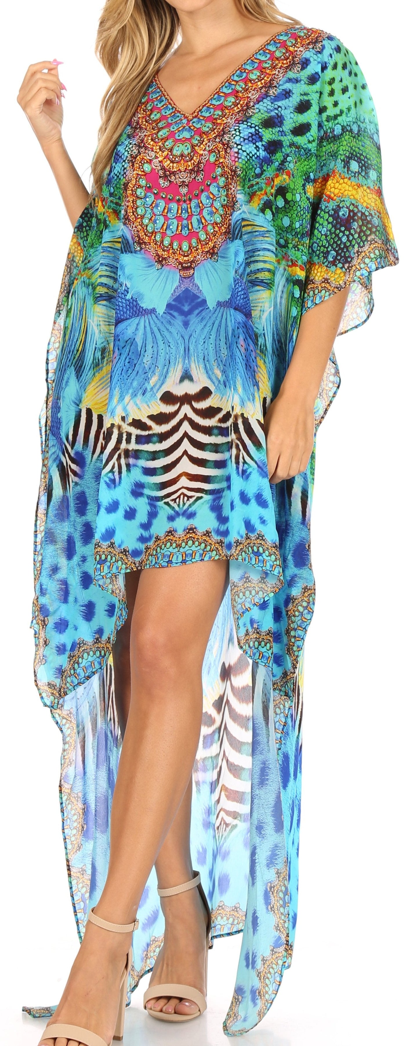 Sakkas Laisson Flowy Hi Low Caftan Rhinestone Boxy V Neck Dress Top Cover / Up - Concordia Style Boutique