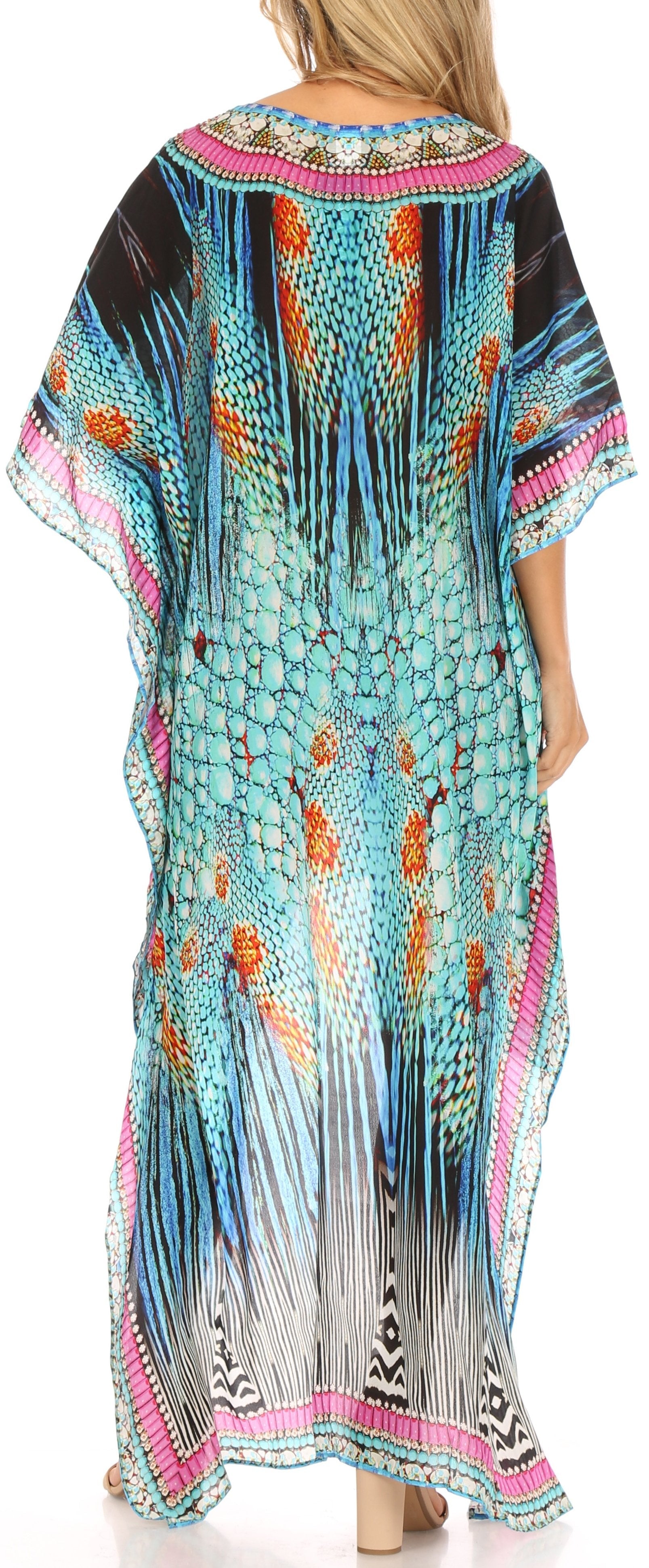 Sakkas Laisson Flowy Hi Low Caftan Rhinestone Boxy V Neck Dress Top Cover / Up - Concordia Style Boutique
