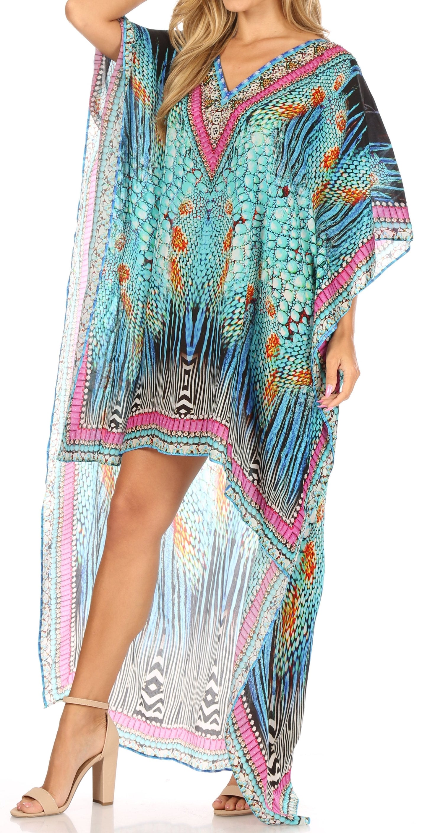 Sakkas Laisson Flowy Hi Low Caftan Rhinestone Boxy V Neck Dress Top Cover / Up - Concordia Style Boutique