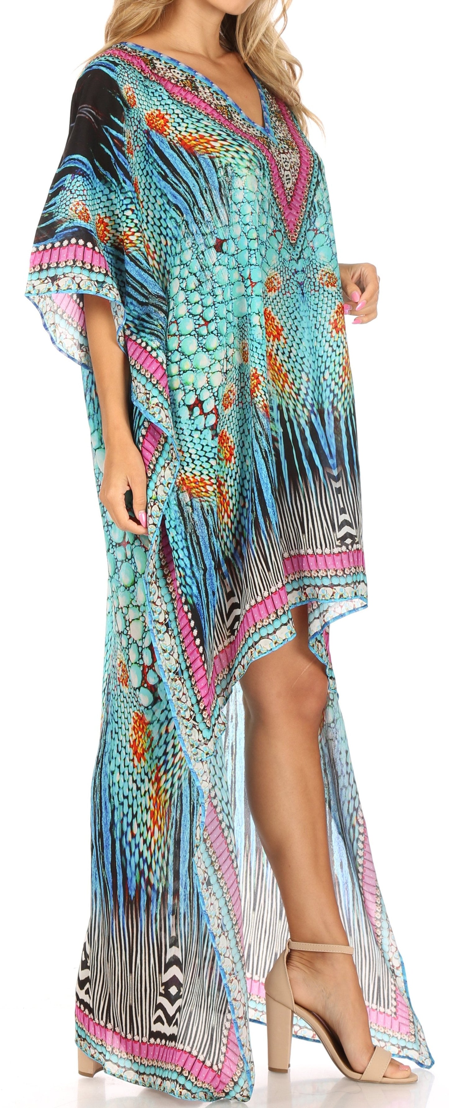 Sakkas Laisson Flowy Hi Low Caftan Rhinestone Boxy V Neck Dress Top Cover / Up - Concordia Style Boutique