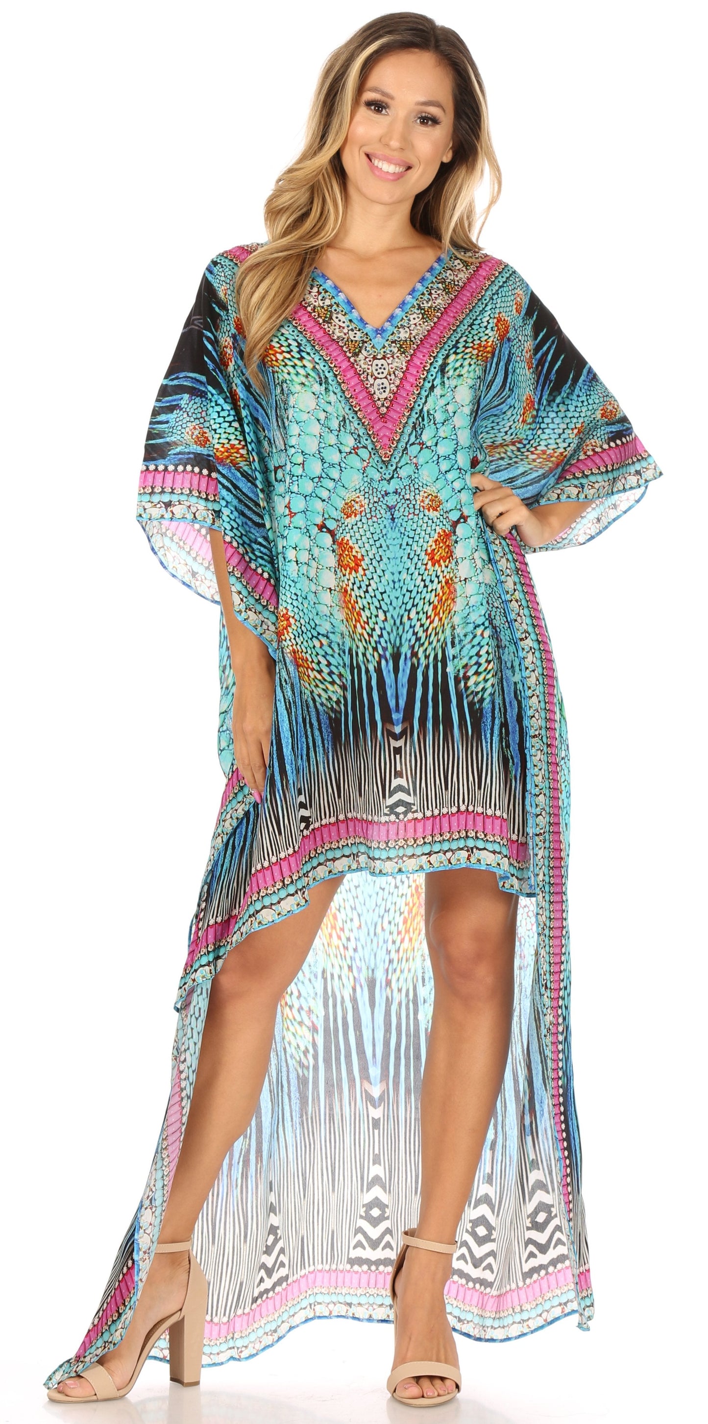 Sakkas Laisson Flowy Hi Low Caftan Rhinestone Boxy V Neck Dress Top Cover / Up - Concordia Style Boutique
