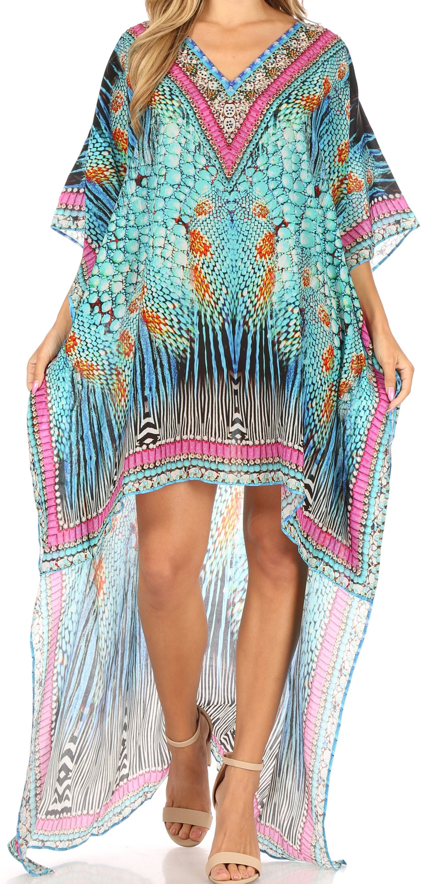 Sakkas Laisson Flowy Hi Low Caftan Rhinestone Boxy V Neck Dress Top Cover / Up - Concordia Style Boutique