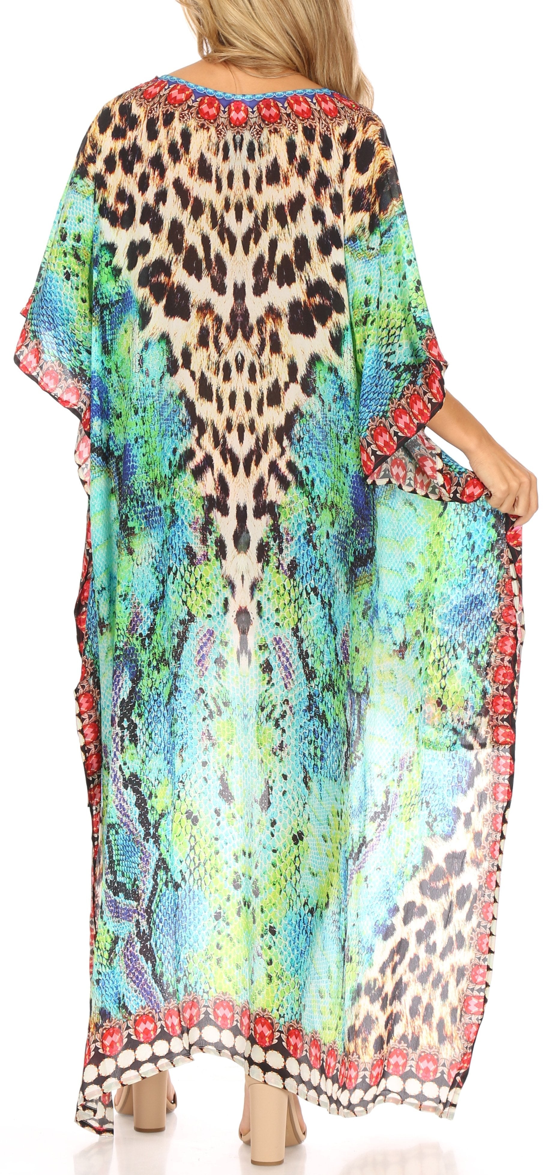 Sakkas Laisson Flowy Hi Low Caftan Rhinestone Boxy V Neck Dress Top Cover / Up - Concordia Style Boutique
