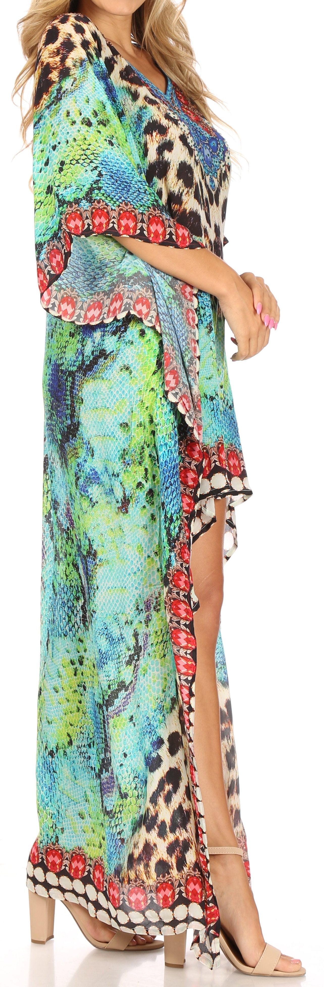 Sakkas Laisson Flowy Hi Low Caftan Rhinestone Boxy V Neck Dress Top Cover / Up - Concordia Style Boutique