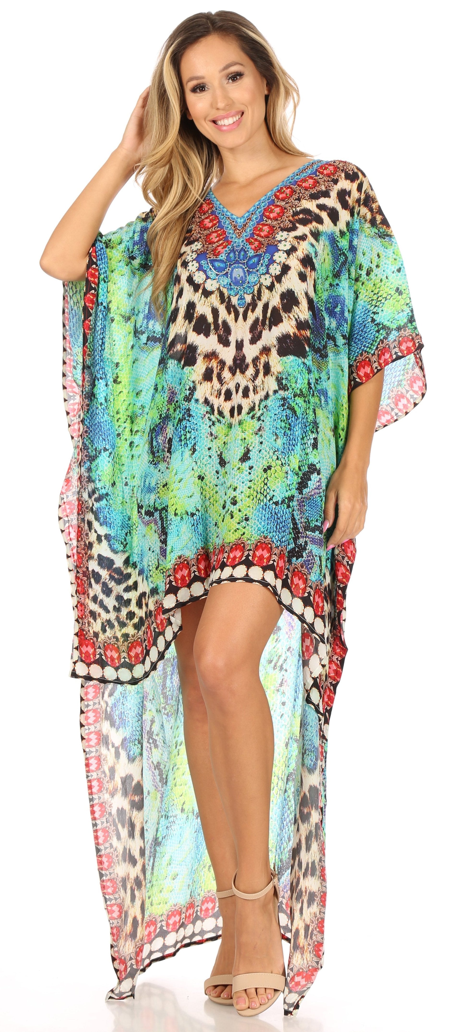 Sakkas Laisson Flowy Hi Low Caftan Rhinestone Boxy V Neck Dress Top Cover / Up - Concordia Style Boutique