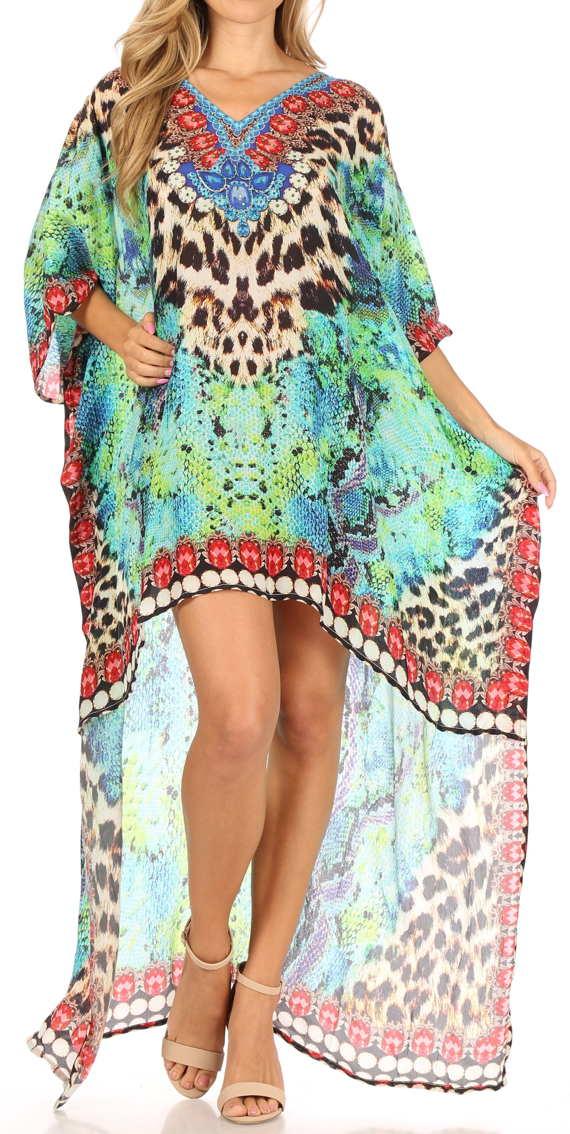 Sakkas Laisson Flowy Hi Low Caftan Rhinestone Boxy V Neck Dress Top Cover / Up - Concordia Style Boutique