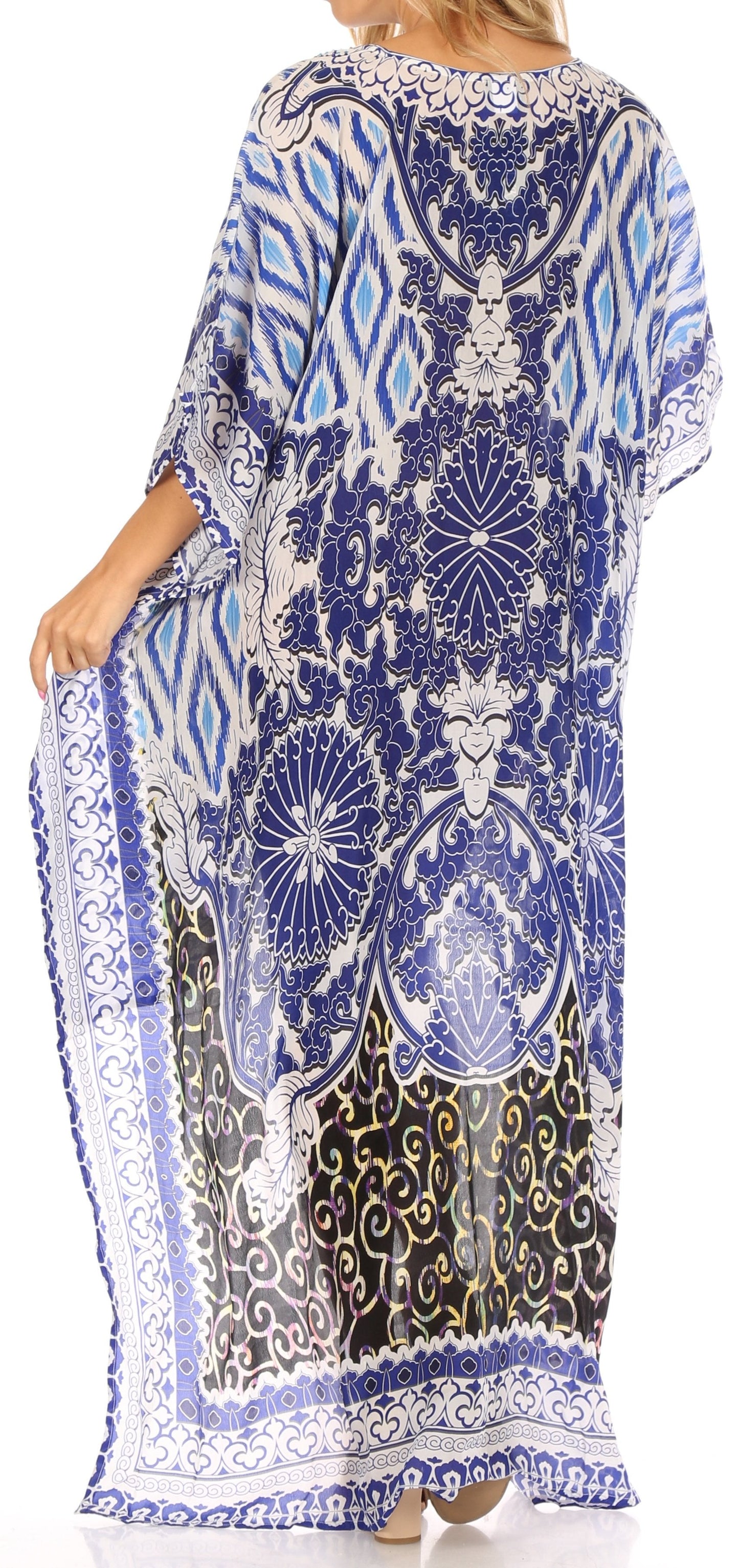 Sakkas Laisson Flowy Hi Low Caftan Rhinestone Boxy V Neck Dress Top Cover / Up - Concordia Style Boutique
