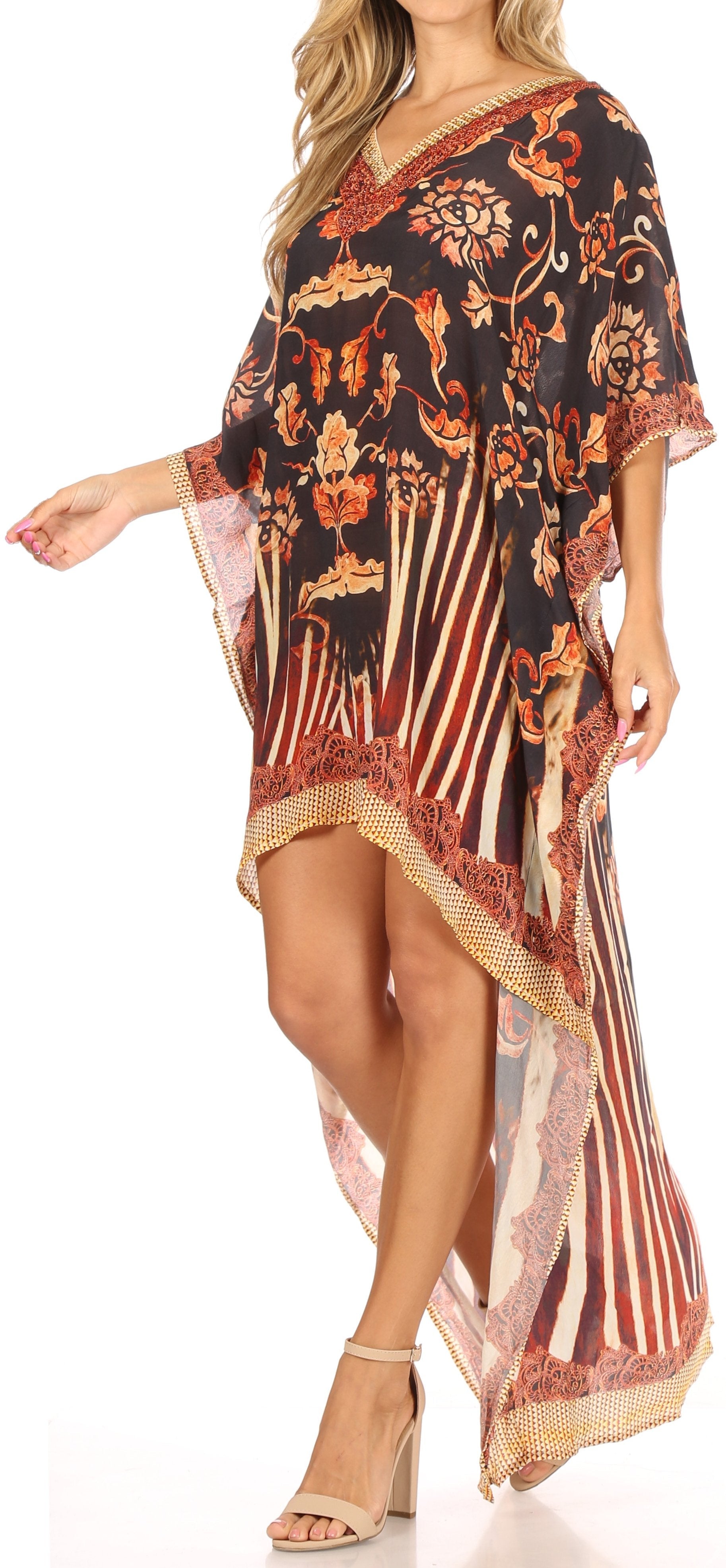 Sakkas Laisson Flowy Hi Low Caftan Rhinestone Boxy V Neck Dress Top Cover / Up - Concordia Style Boutique