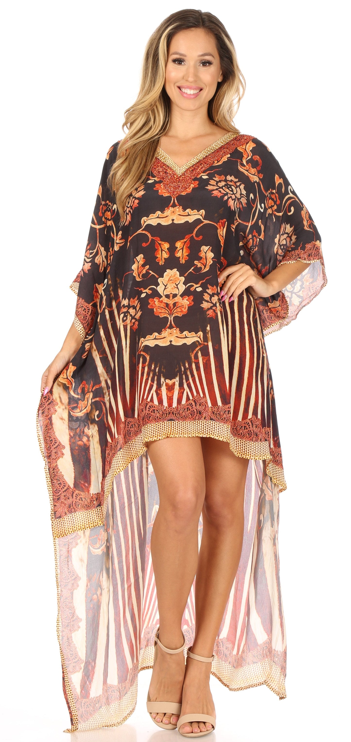 Sakkas Laisson Flowy Hi Low Caftan Rhinestone Boxy V Neck Dress Top Cover / Up - Concordia Style Boutique