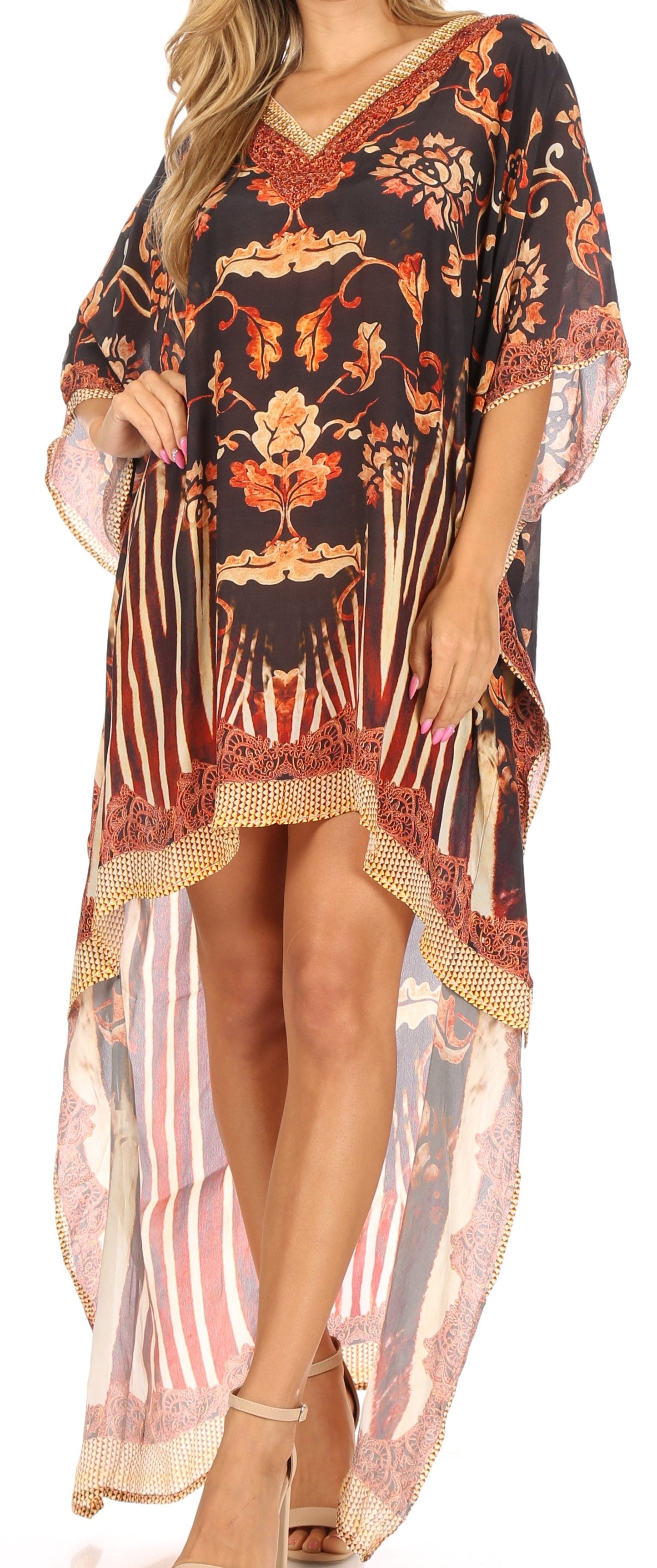 Sakkas Laisson Flowy Hi Low Caftan Rhinestone Boxy V Neck Dress Top Cover / Up - Concordia Style Boutique