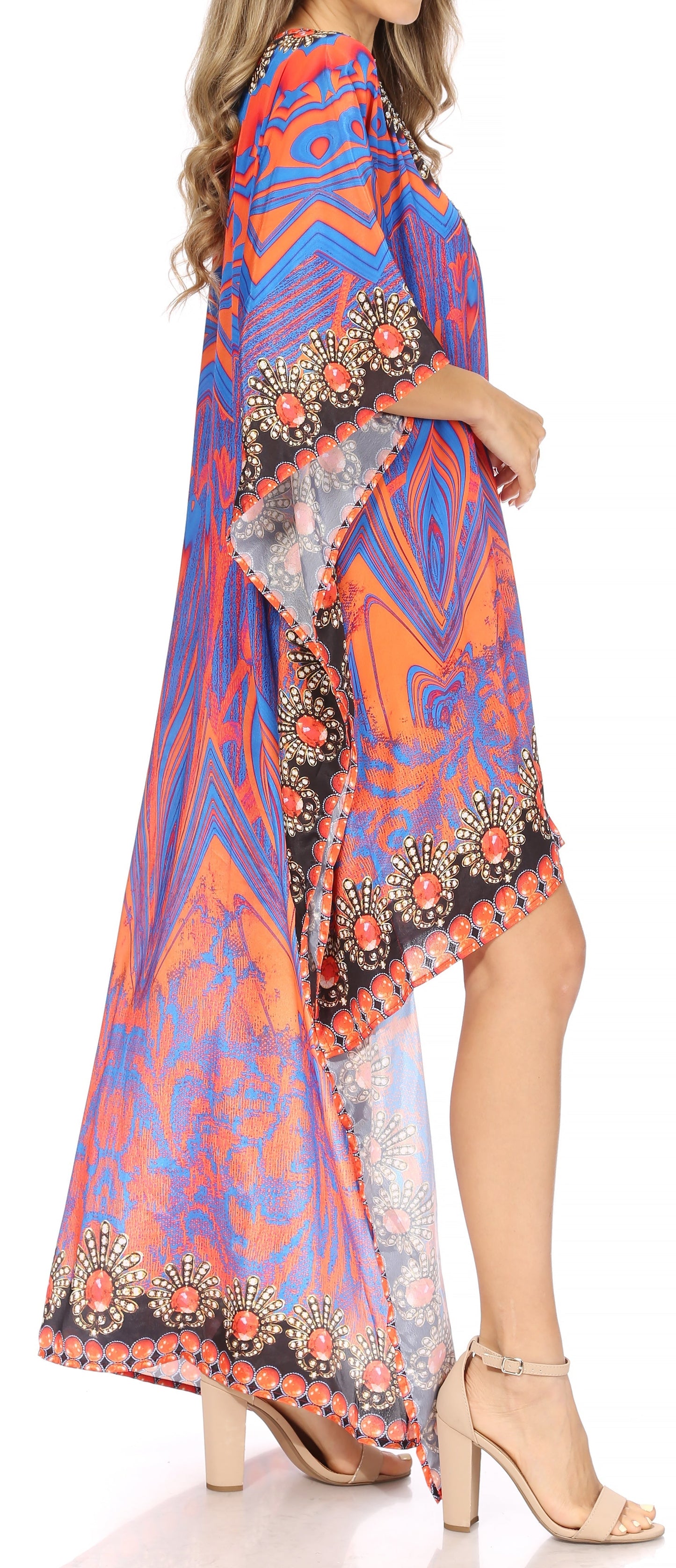 Sakkas Laisson Flowy Hi Low Caftan Rhinestone Boxy V Neck Dress Top Cover / Up - Concordia Style Boutique