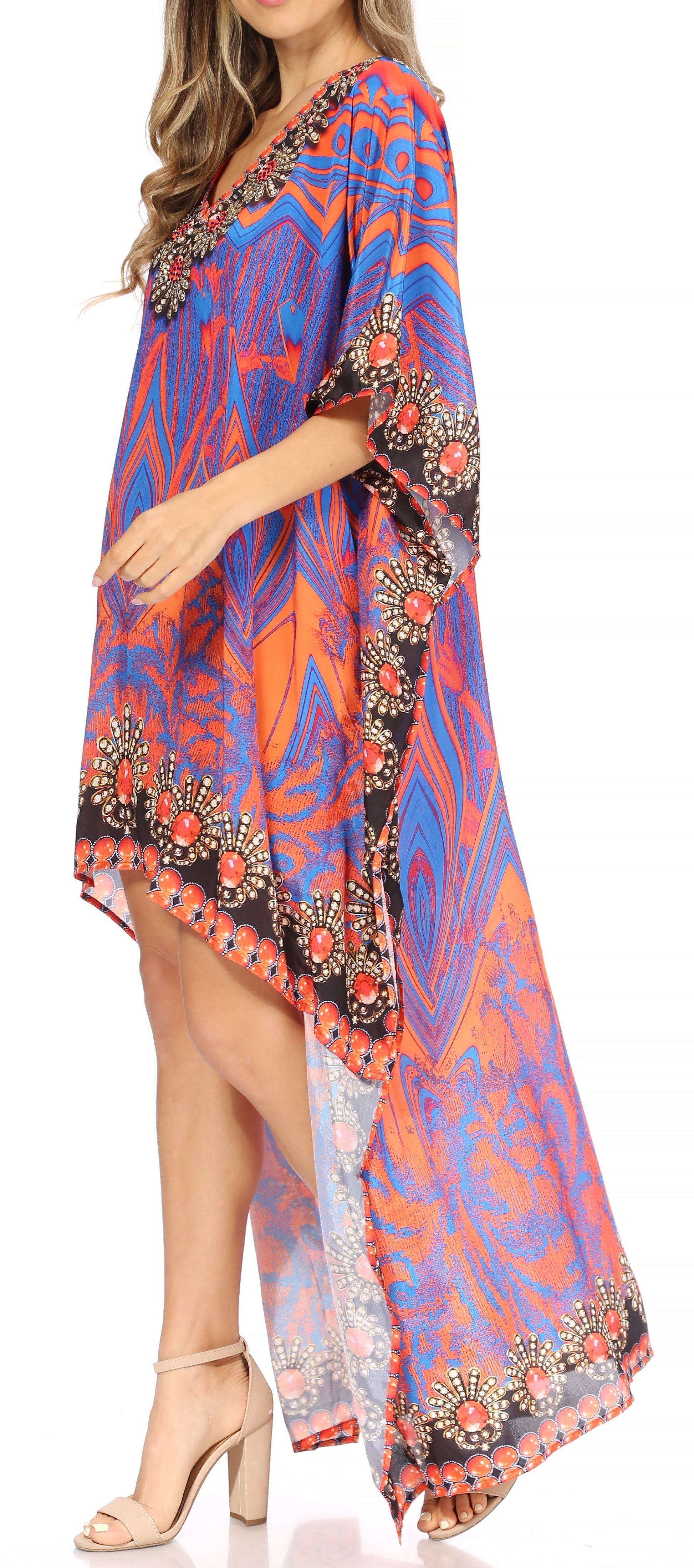 Sakkas Laisson Flowy Hi Low Caftan Rhinestone Boxy V Neck Dress Top Cover / Up - Concordia Style Boutique