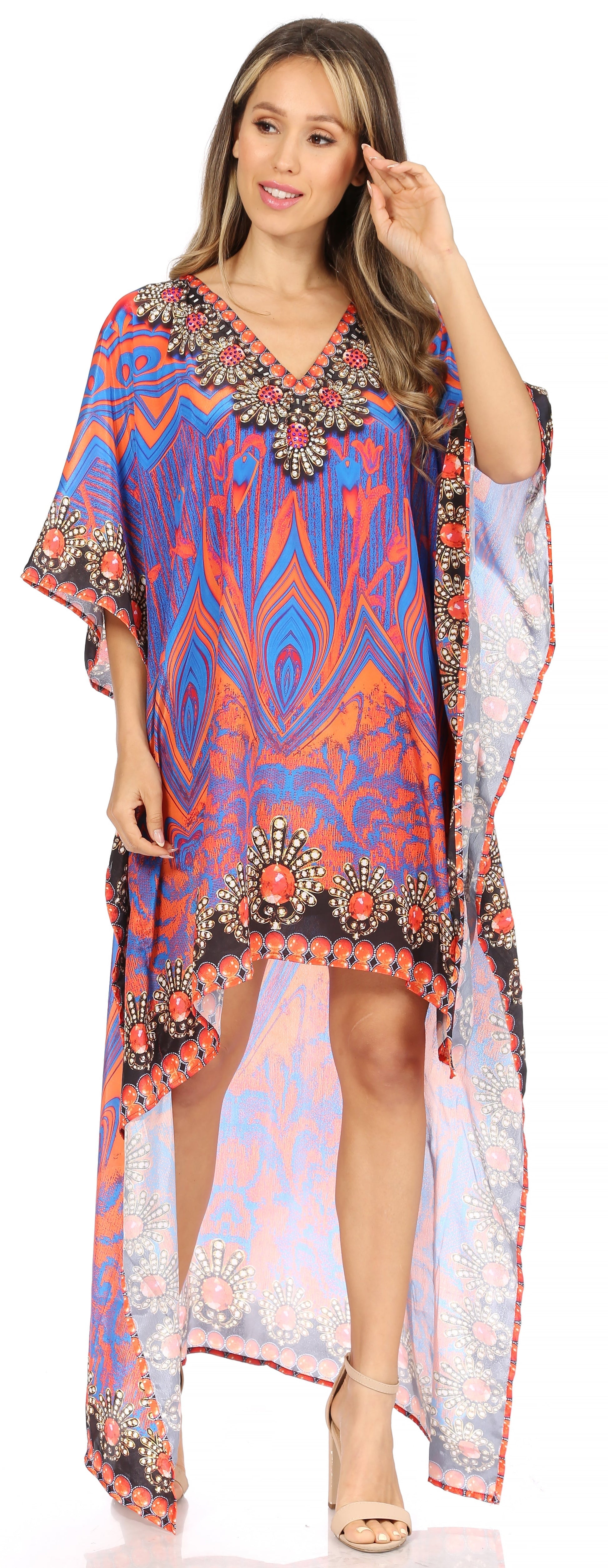 Sakkas Laisson Flowy Hi Low Caftan Rhinestone Boxy V Neck Dress Top Cover / Up - Concordia Style Boutique