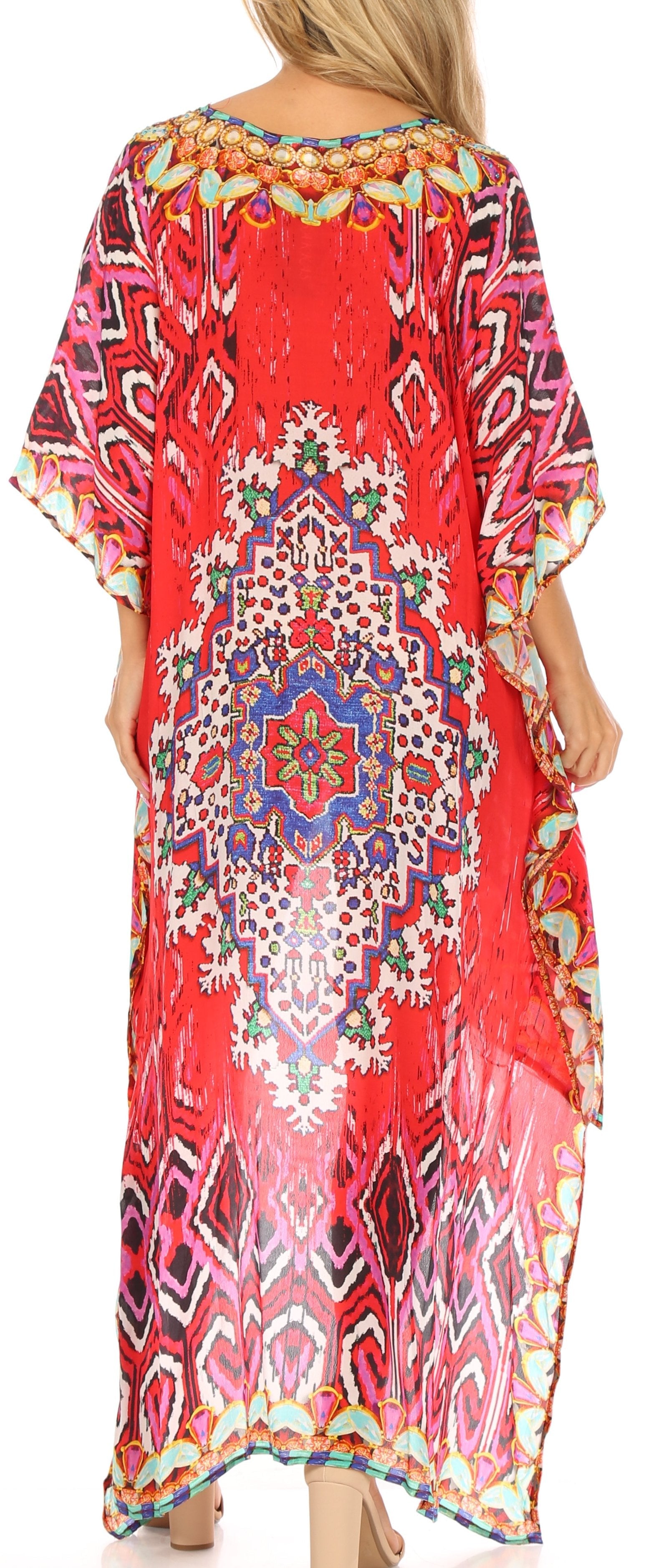 Sakkas Laisson Flowy Hi Low Caftan Rhinestone Boxy V Neck Dress Top Cover / Up - Concordia Style Boutique