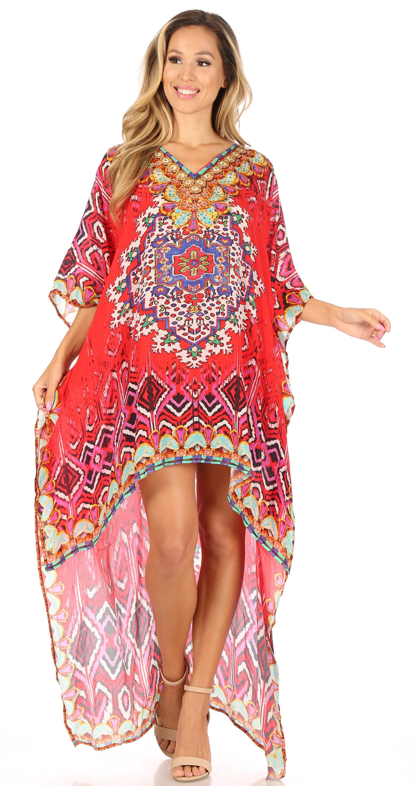 Sakkas Laisson Flowy Hi Low Caftan Rhinestone Boxy V Neck Dress Top Cover / Up - Concordia Style Boutique