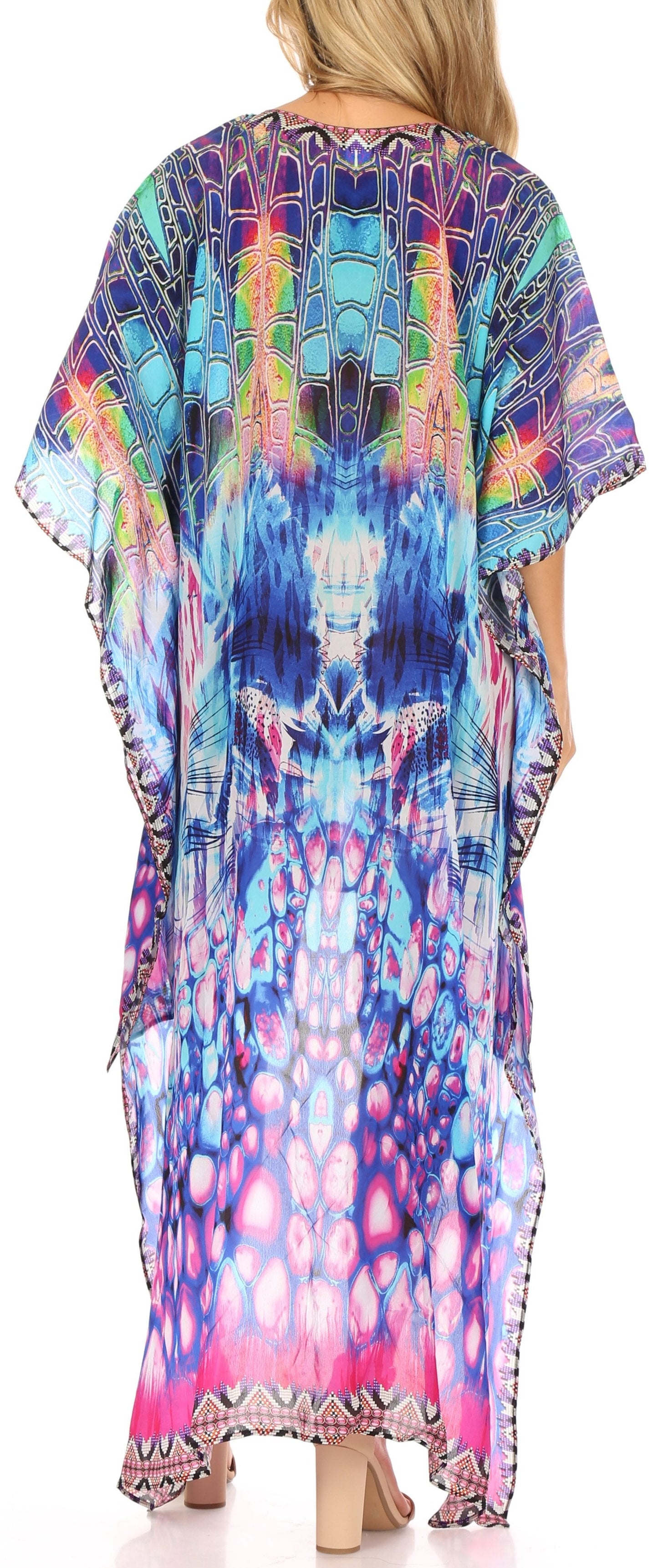 Sakkas Laisson Flowy Hi Low Caftan Rhinestone Boxy V Neck Dress Top Cover / Up - Concordia Style Boutique