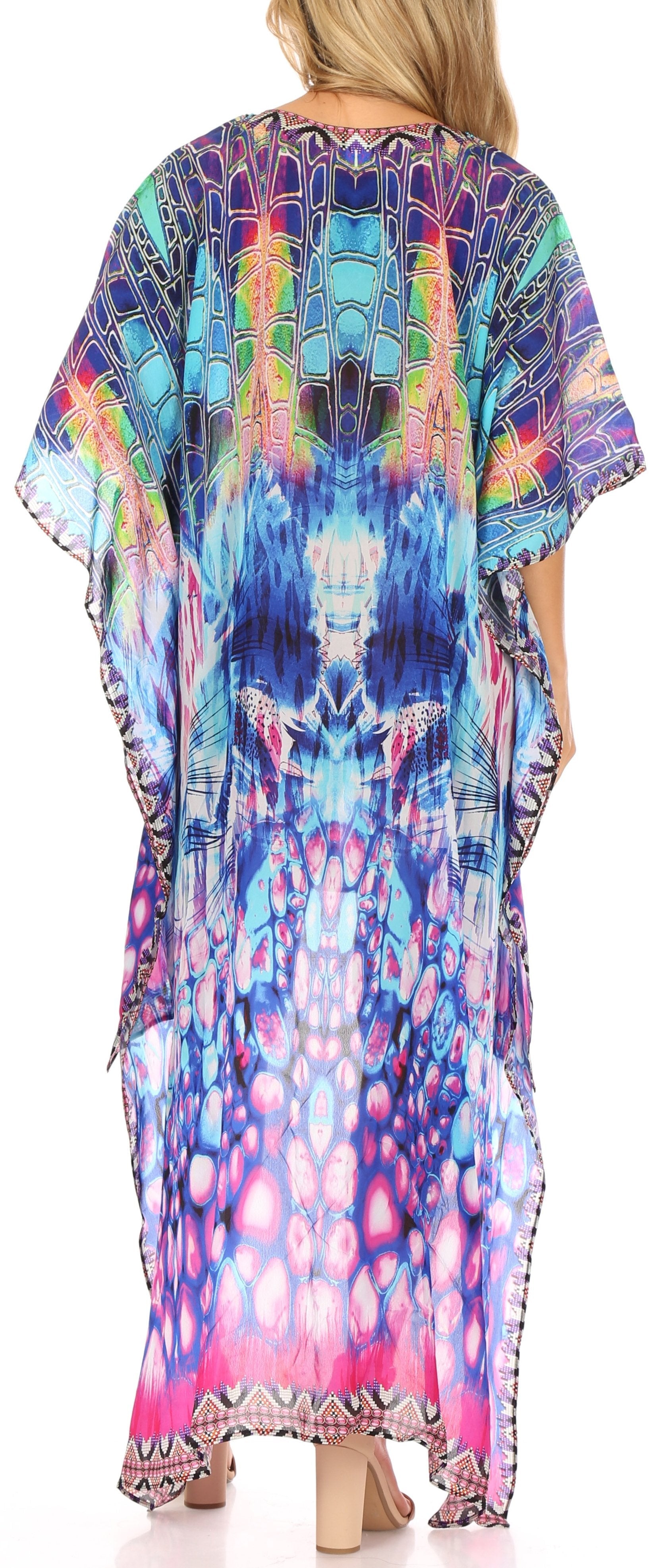 Sakkas Laisson Flowy Hi Low Caftan Rhinestone Boxy V Neck Dress Top Cover / Up - Concordia Style Boutique