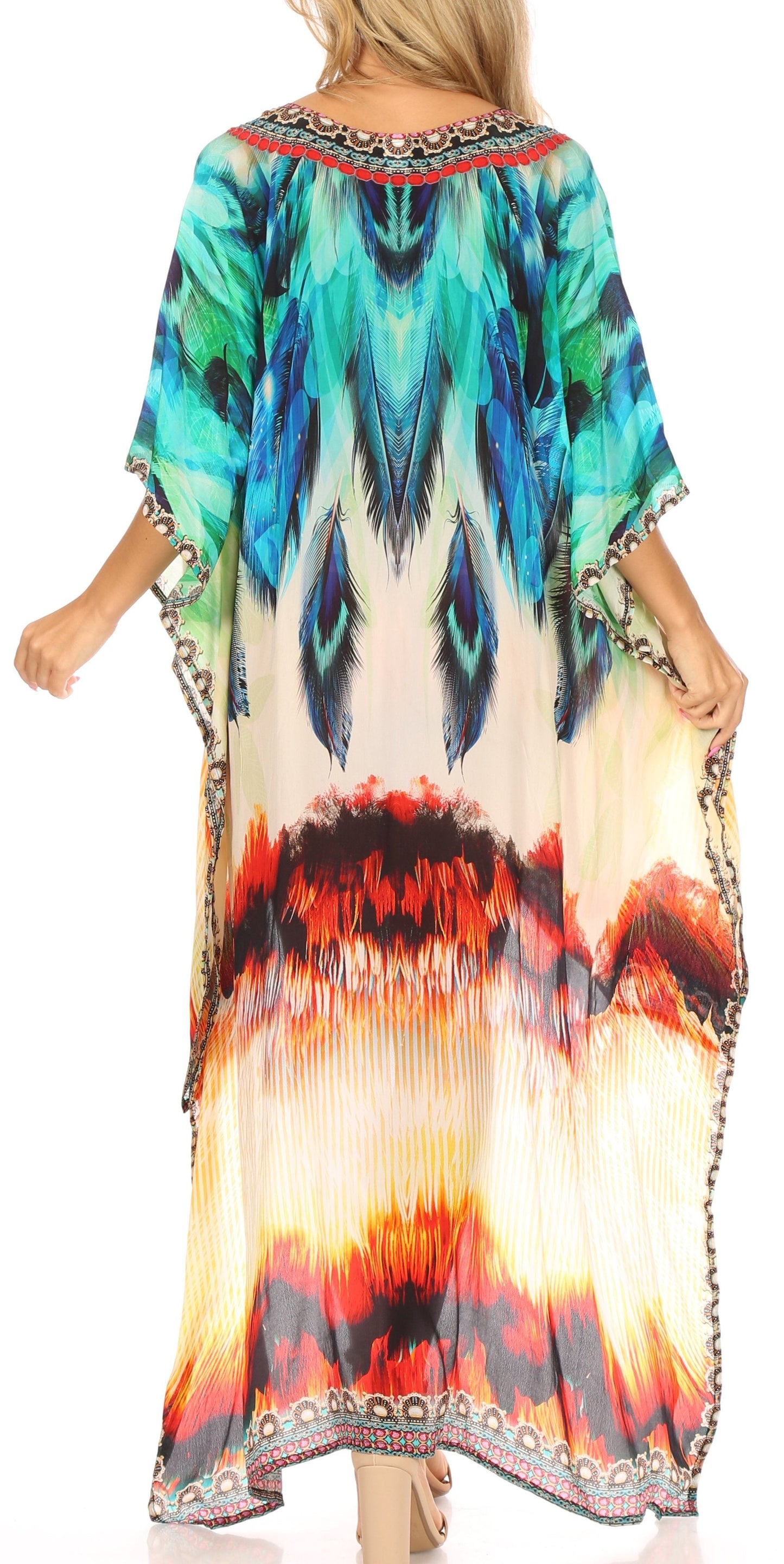 Sakkas Laisson Flowy Hi Low Caftan Rhinestone Boxy V Neck Dress Top Cover / Up - Concordia Style Boutique