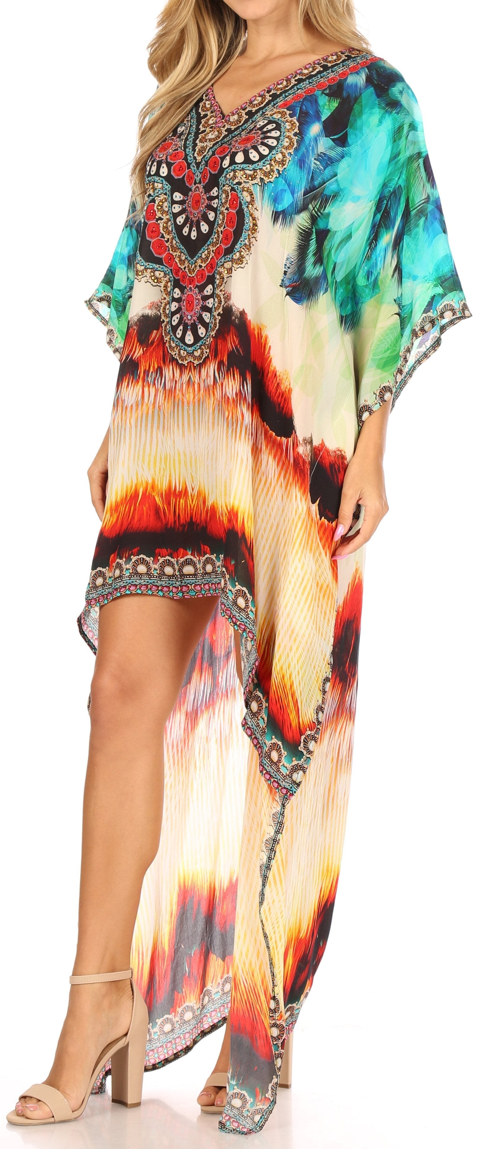Sakkas Laisson Flowy Hi Low Caftan Rhinestone Boxy V Neck Dress Top Cover / Up - Concordia Style Boutique