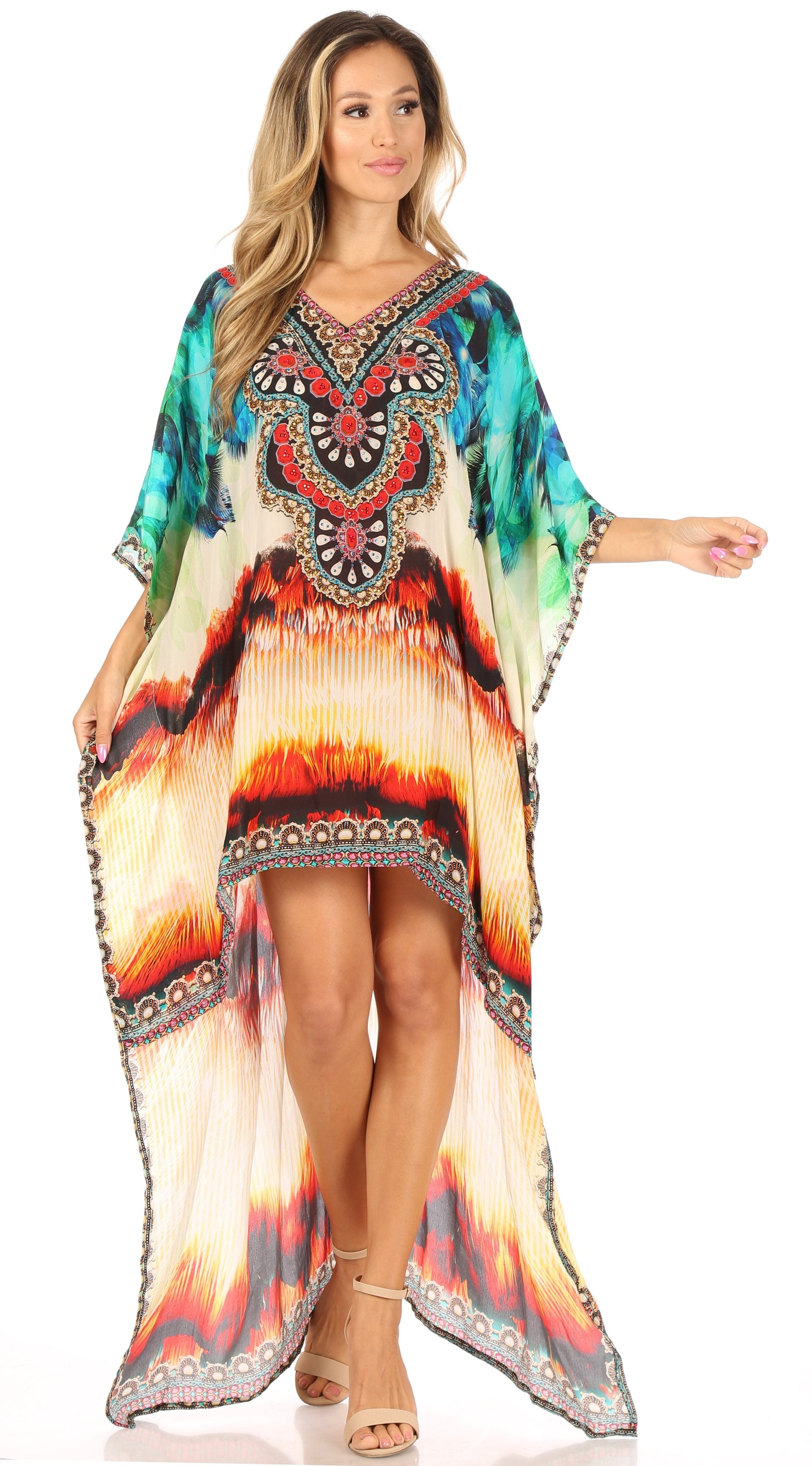 Sakkas Laisson Flowy Hi Low Caftan Rhinestone Boxy V Neck Dress Top Cover / Up - Concordia Style Boutique