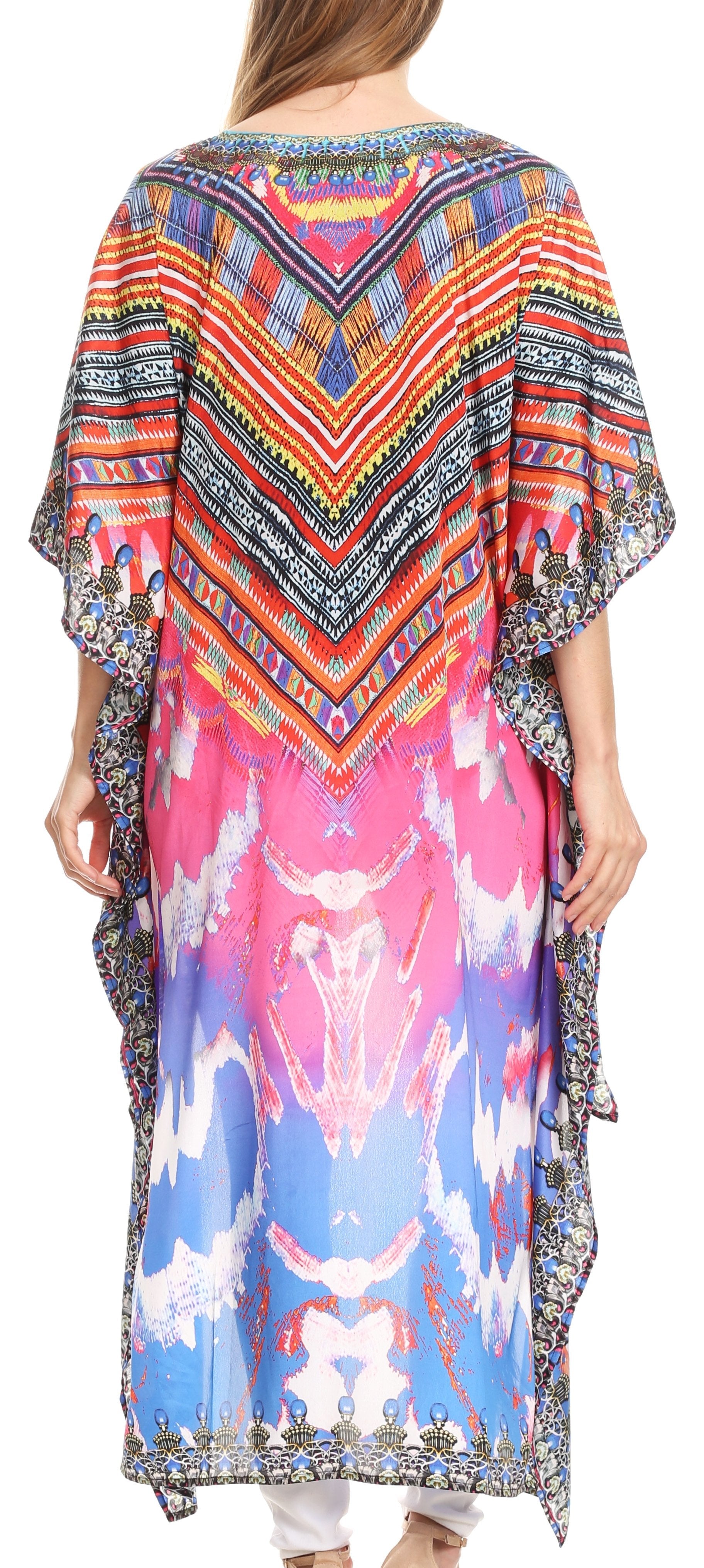 Sakkas Laisson Flowy Hi Low Caftan Rhinestone Boxy V Neck Dress Top Cover / Up - Concordia Style Boutique