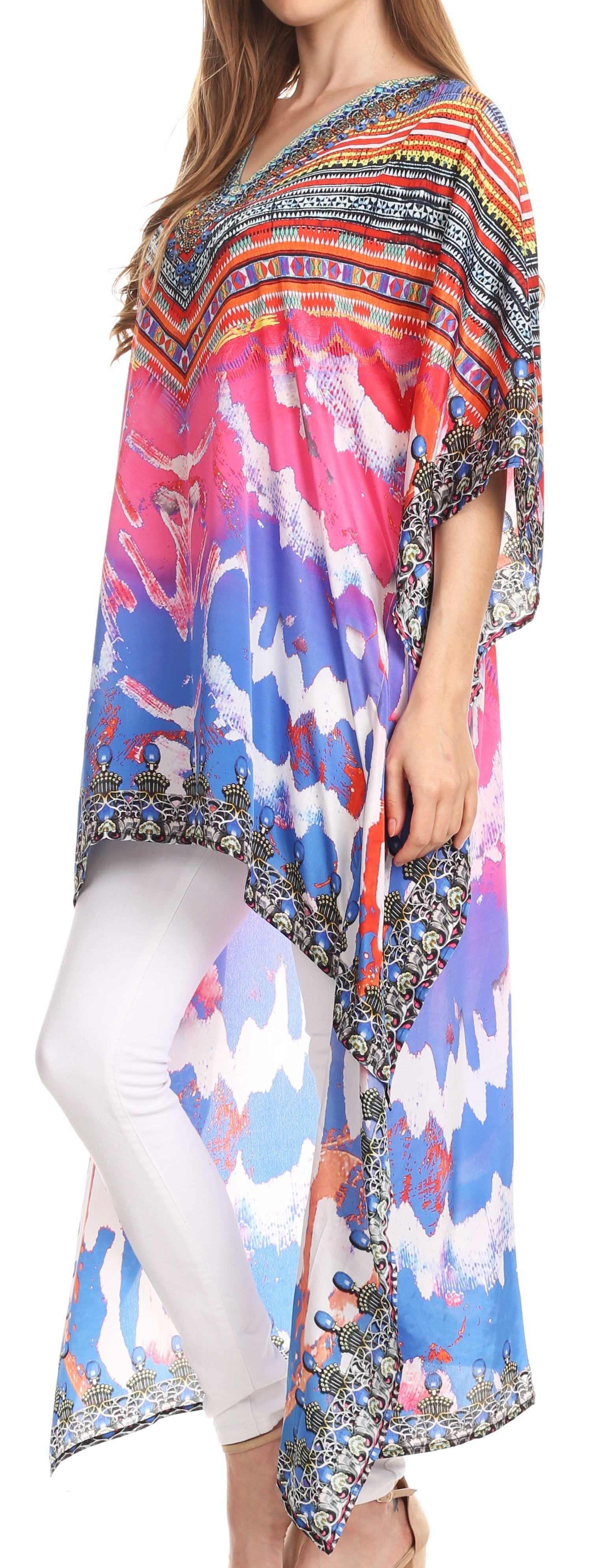 Sakkas Laisson Flowy Hi Low Caftan Rhinestone Boxy V Neck Dress Top Cover / Up - Concordia Style Boutique