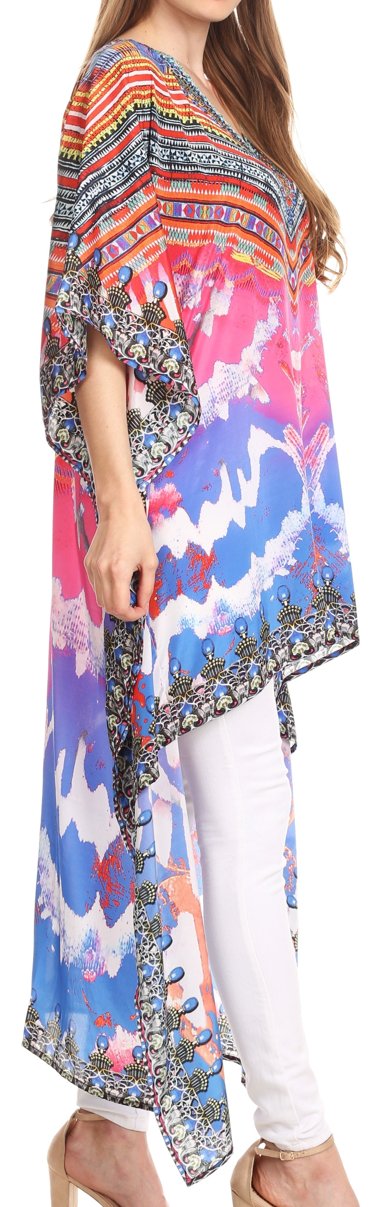 Sakkas Laisson Flowy Hi Low Caftan Rhinestone Boxy V Neck Dress Top Cover / Up - Concordia Style Boutique