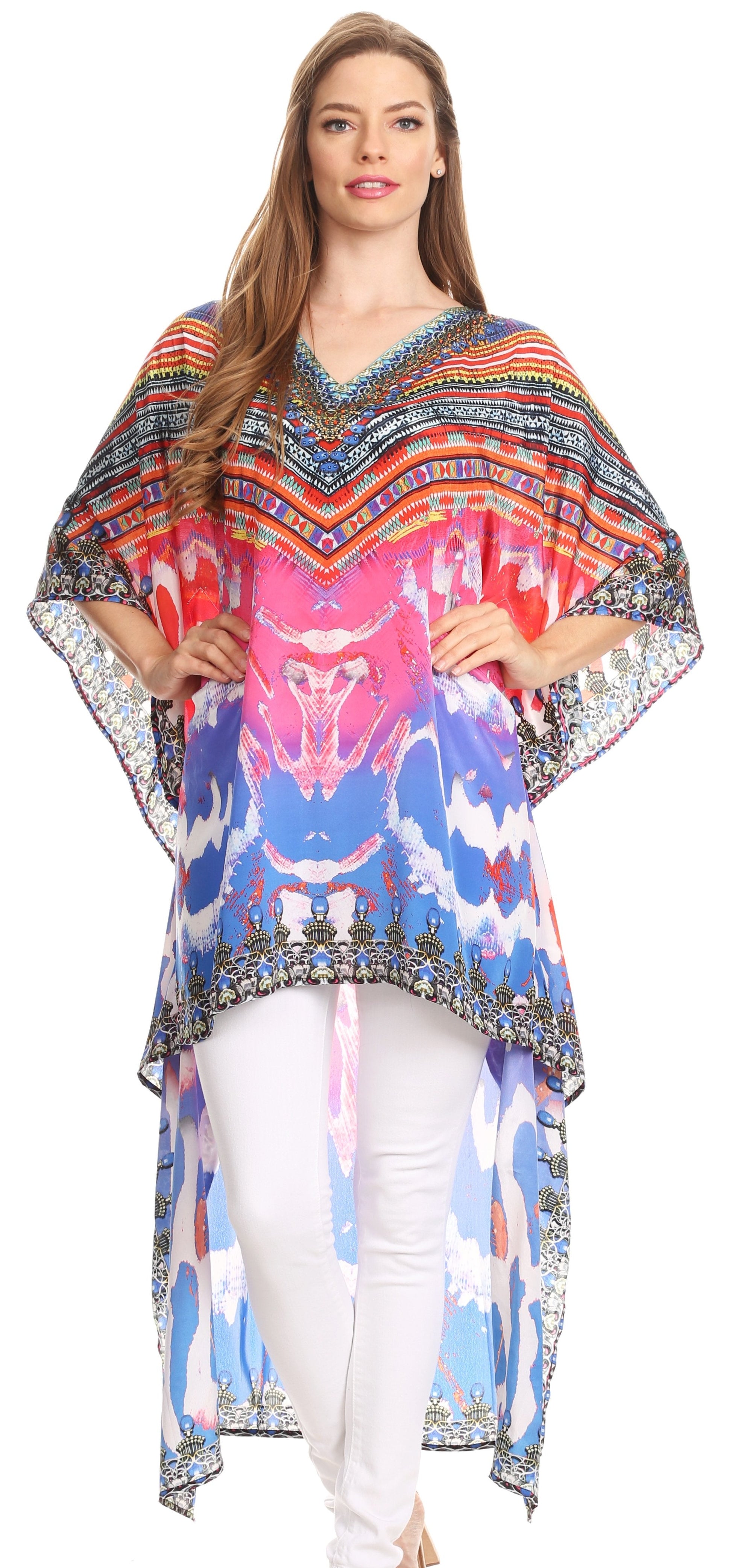 Sakkas Laisson Flowy Hi Low Caftan Rhinestone Boxy V Neck Dress Top Cover / Up - Concordia Style Boutique