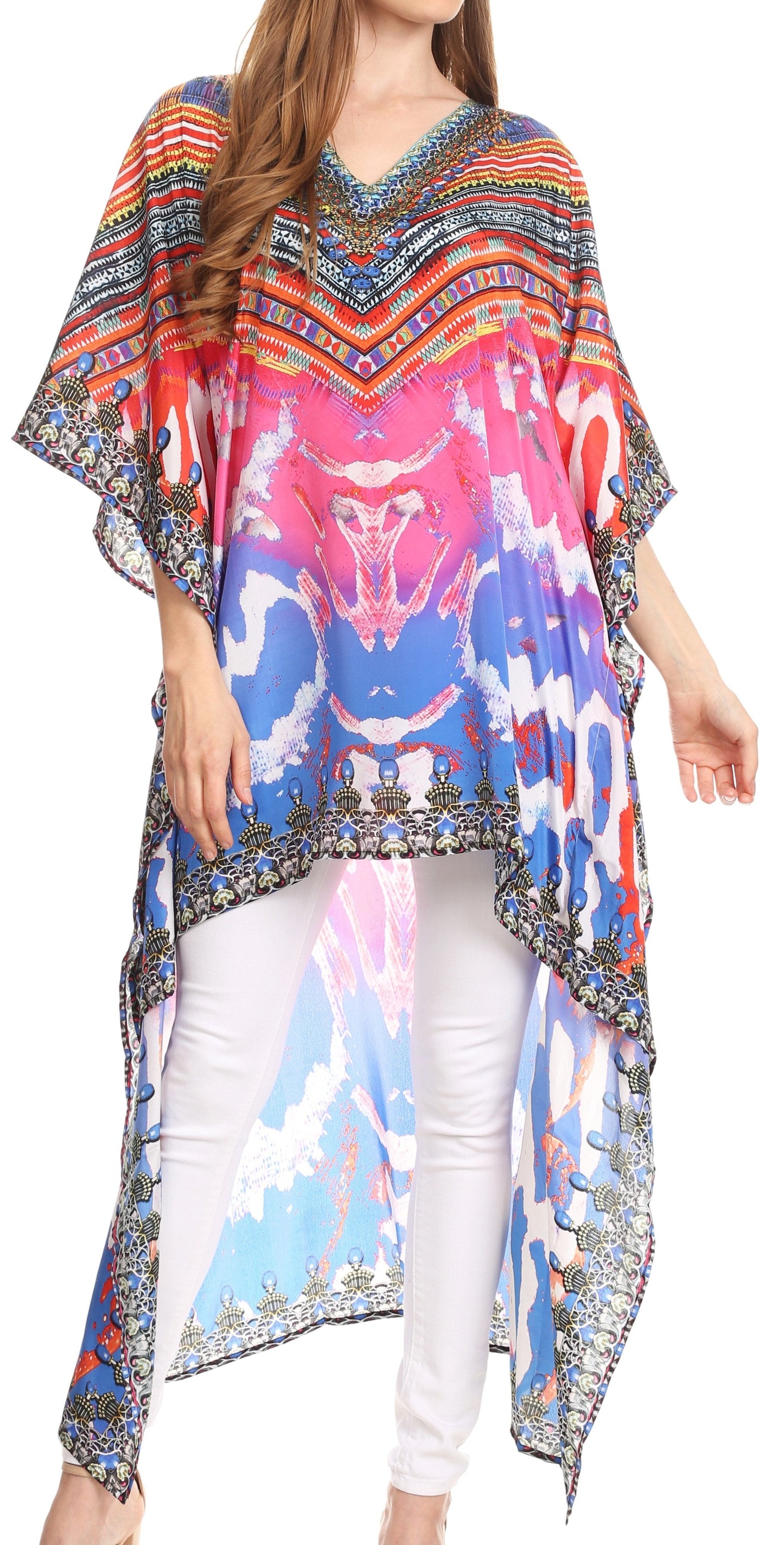 Sakkas Laisson Flowy Hi Low Caftan Rhinestone Boxy V Neck Dress Top Cover / Up - Concordia Style Boutique