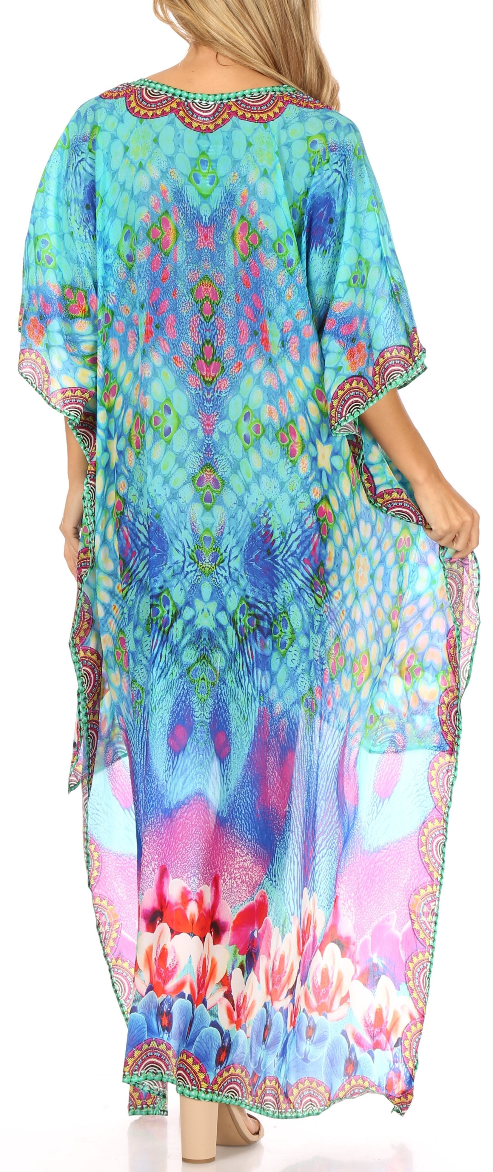 Sakkas Laisson Flowy Hi Low Caftan Rhinestone Boxy V Neck Dress Top Cover / Up - Concordia Style Boutique