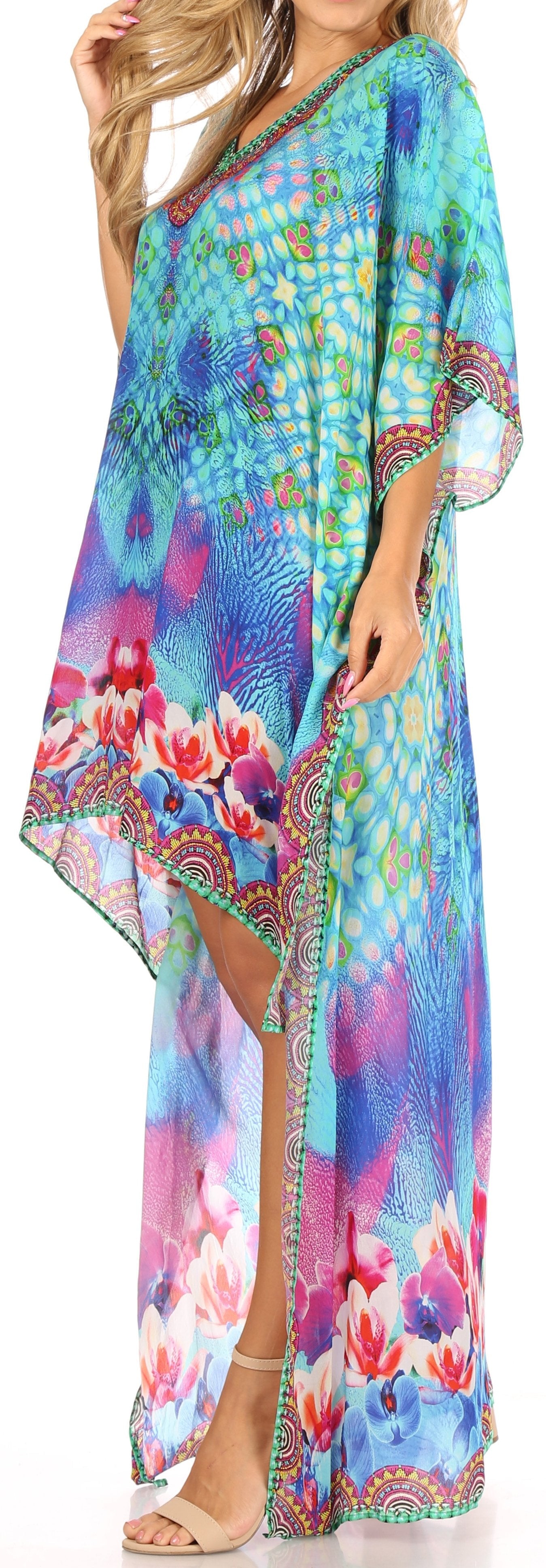 Sakkas Laisson Flowy Hi Low Caftan Rhinestone Boxy V Neck Dress Top Cover / Up - Concordia Style Boutique