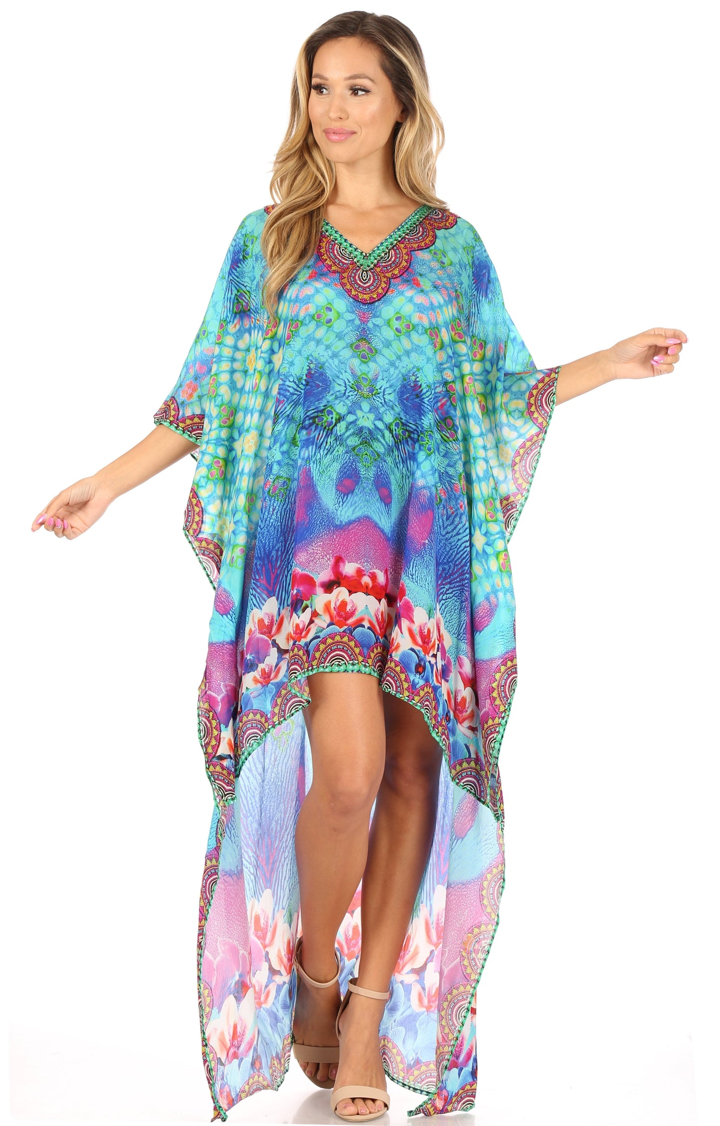 Sakkas Laisson Flowy Hi Low Caftan Rhinestone Boxy V Neck Dress Top Cover / Up - Concordia Style Boutique
