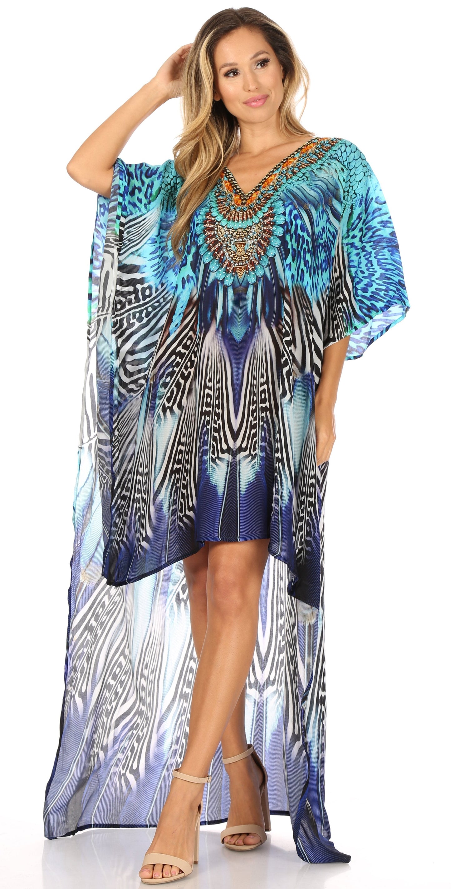 Sakkas Laisson Flowy Hi Low Caftan Rhinestone Boxy V Neck Dress Top Cover / Up - Concordia Style Boutique