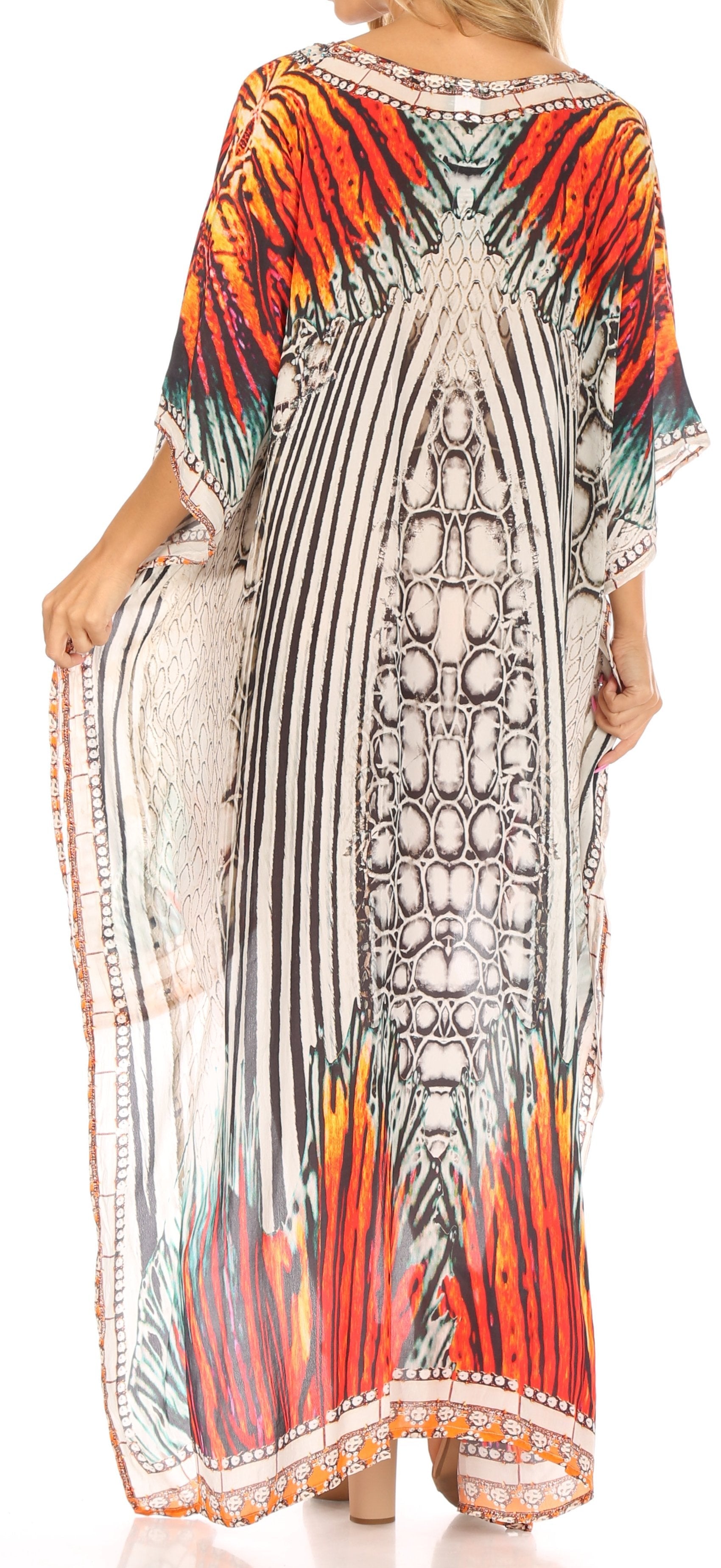 Sakkas Laisson Flowy Hi Low Caftan Rhinestone Boxy V Neck Dress Top Cover / Up - Concordia Style Boutique