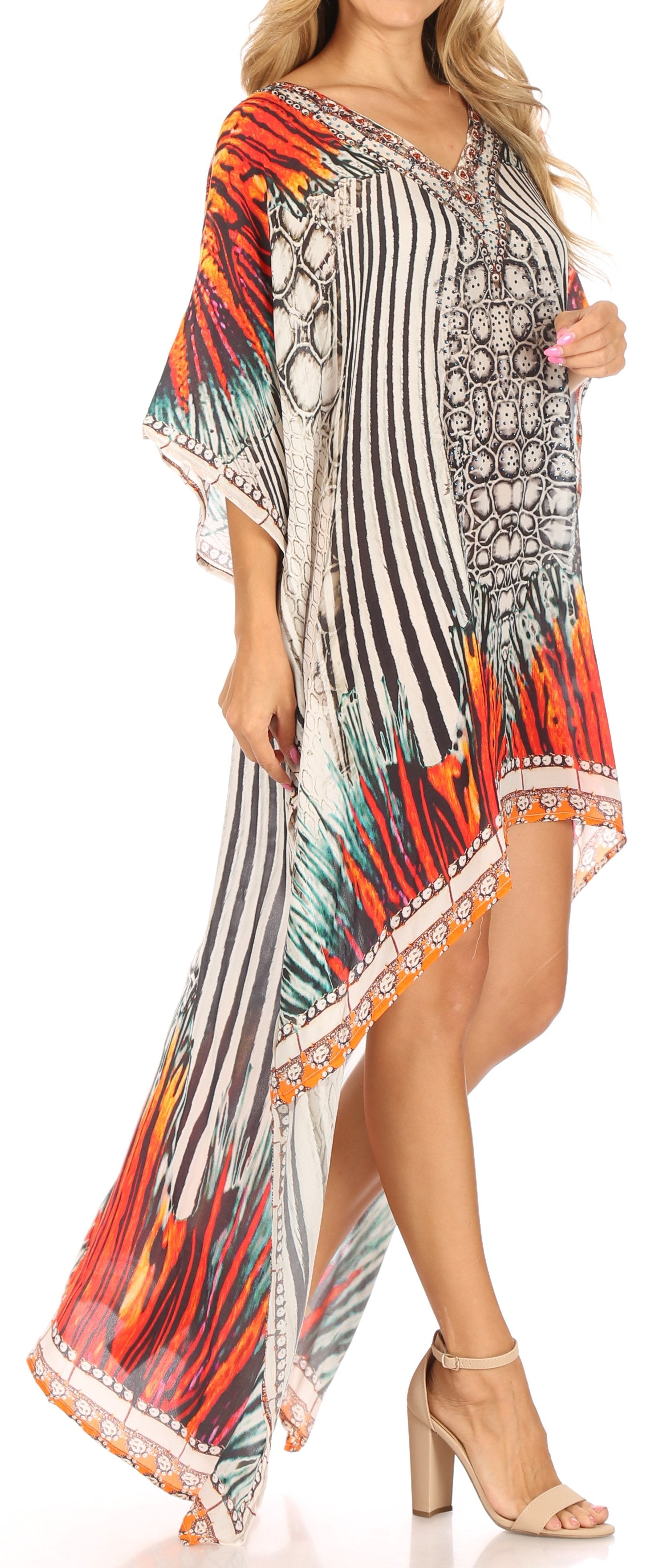 Sakkas Laisson Flowy Hi Low Caftan Rhinestone Boxy V Neck Dress Top Cover / Up - Concordia Style Boutique