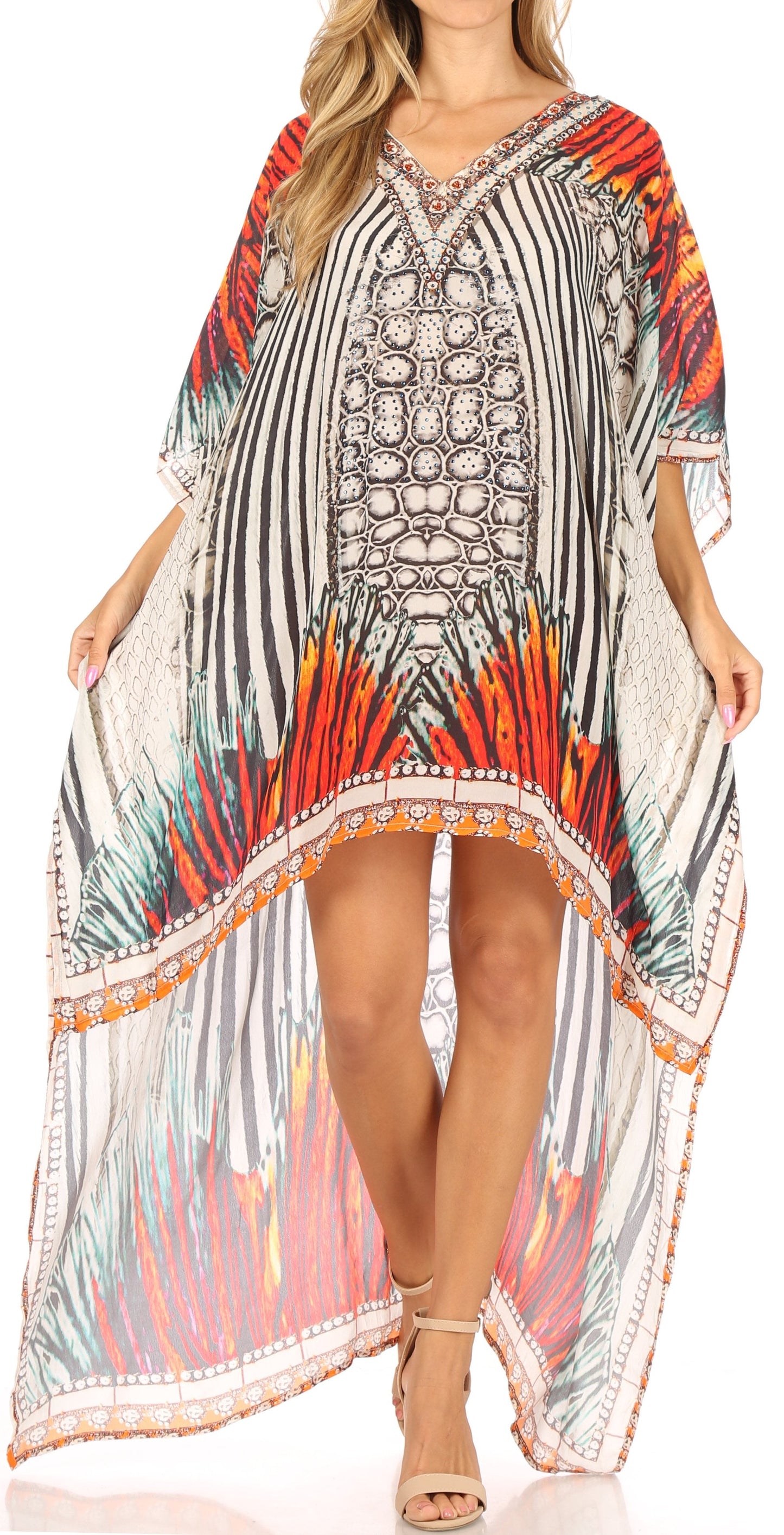 Sakkas Laisson Flowy Hi Low Caftan Rhinestone Boxy V Neck Dress Top Cover / Up - Concordia Style Boutique