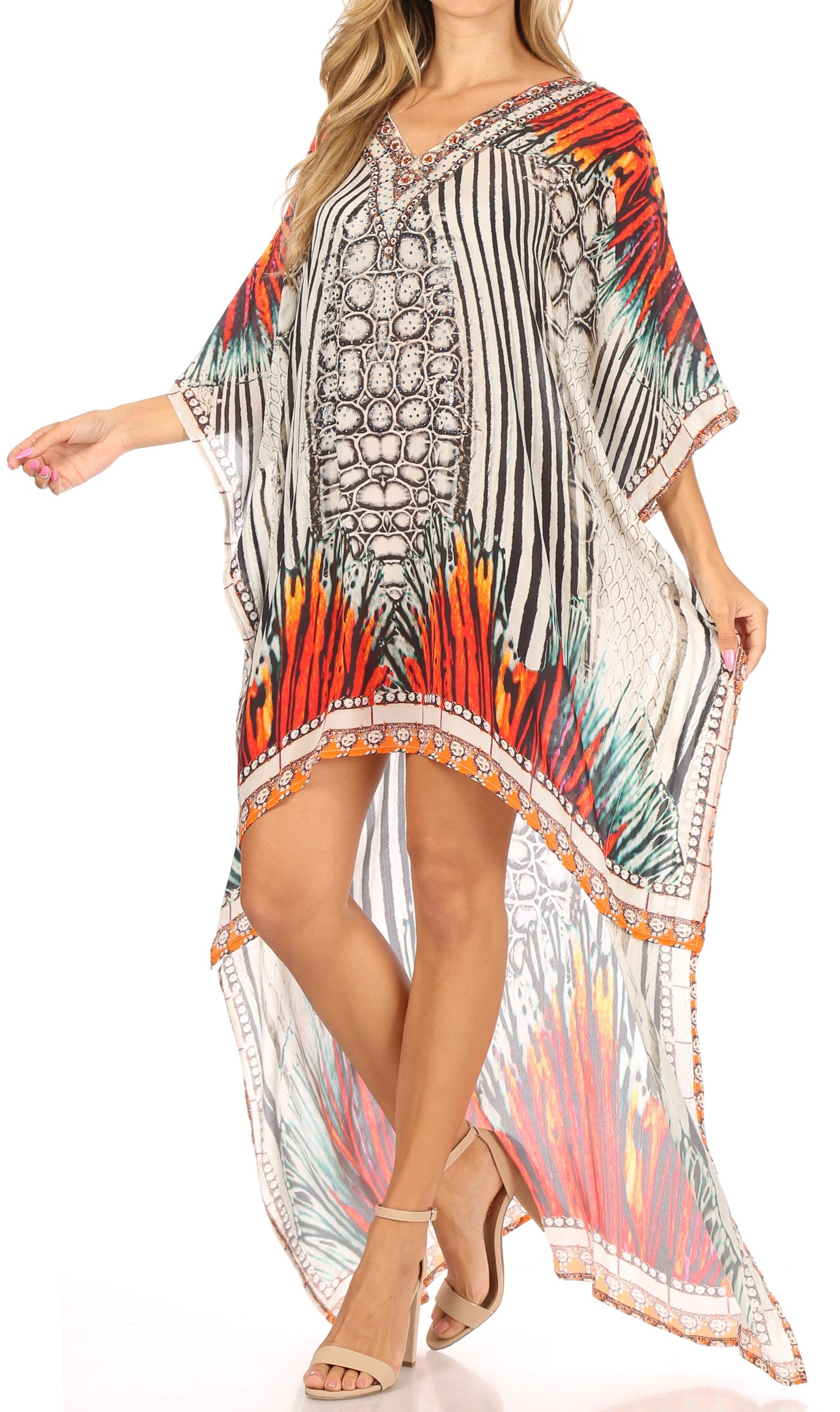 Sakkas Laisson Flowy Hi Low Caftan Rhinestone Boxy V Neck Dress Top Cover / Up - Concordia Style Boutique