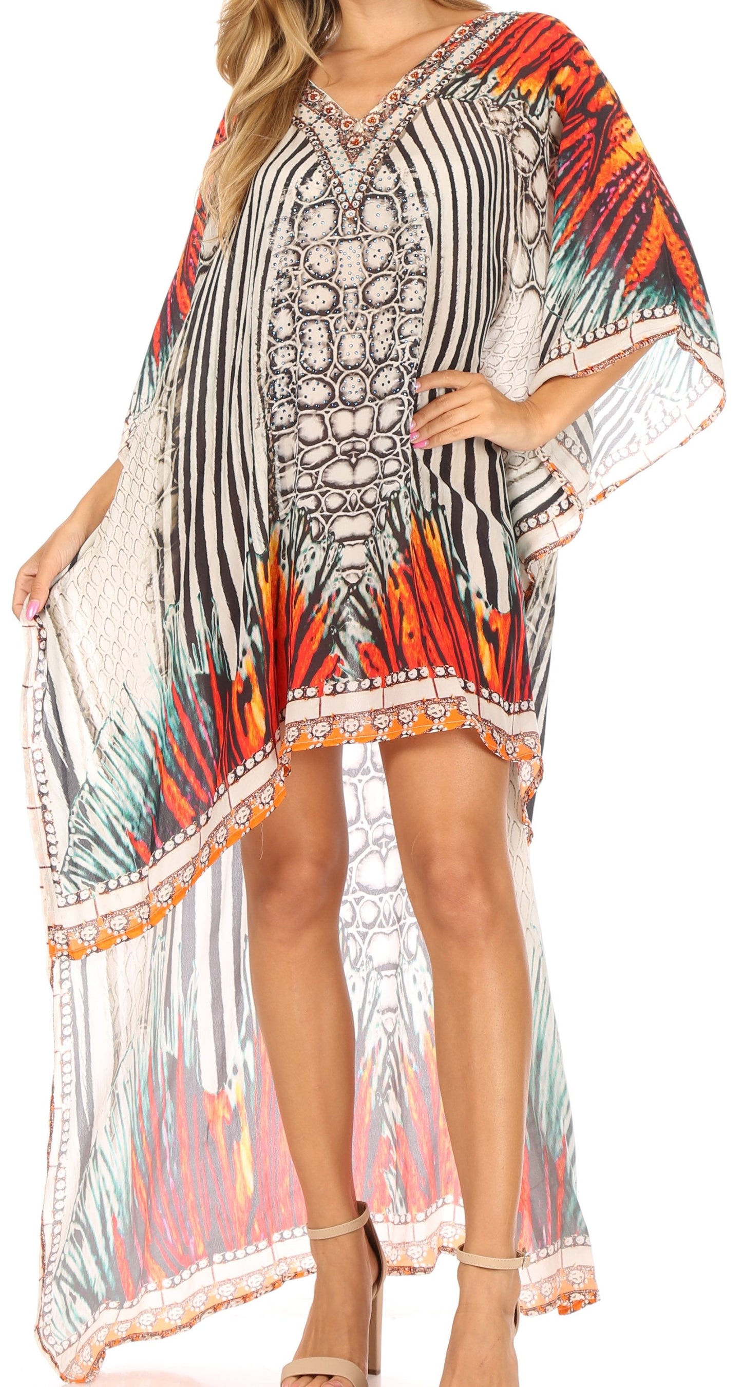 Sakkas Laisson Flowy Hi Low Caftan Rhinestone Boxy V Neck Dress Top Cover / Up - Concordia Style Boutique