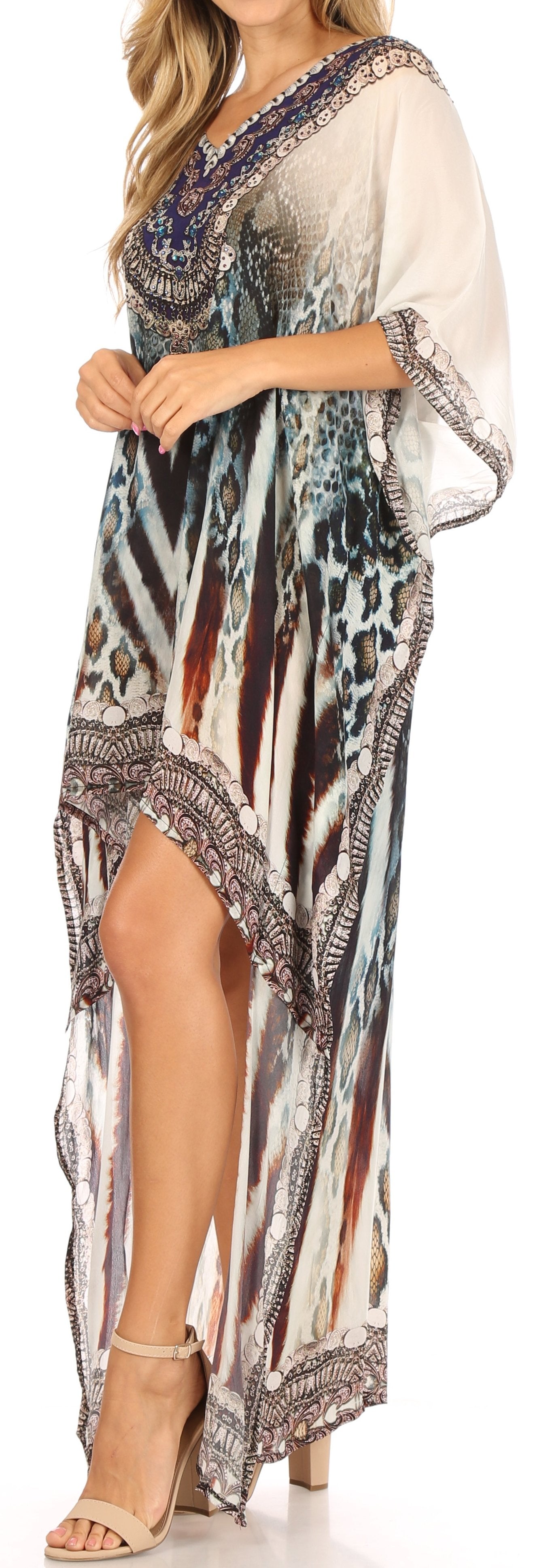 Sakkas Laisson Flowy Hi Low Caftan Rhinestone Boxy V Neck Dress Top Cover / Up - Concordia Style Boutique