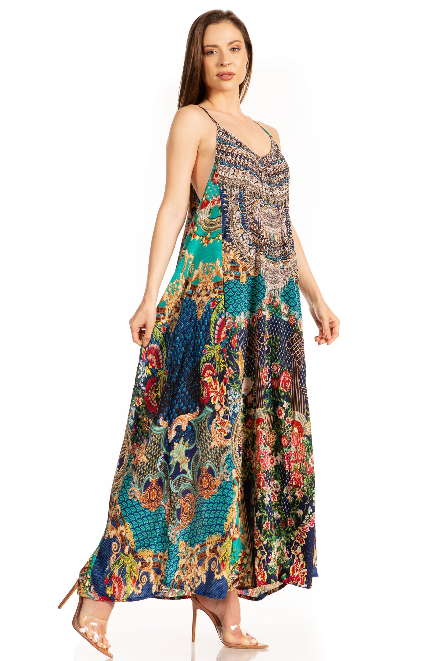 Sakkas Sofia Women's Spaghetti Strap V-neck Floral Print Summer Casual Maxi Dress - Concordia Style Boutique