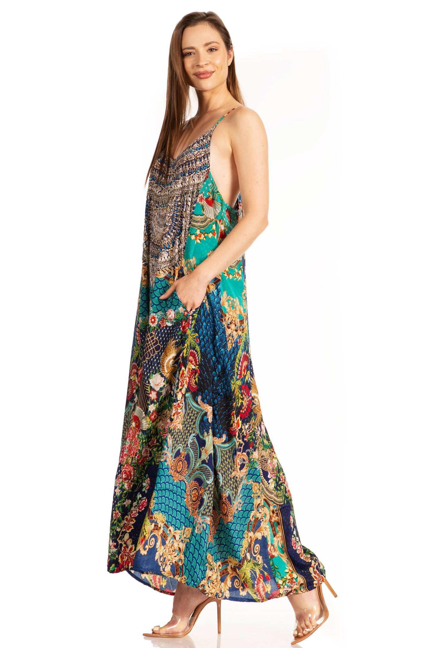 Sakkas Sofia Women's Spaghetti Strap V-neck Floral Print Summer Casual Maxi Dress - Concordia Style Boutique