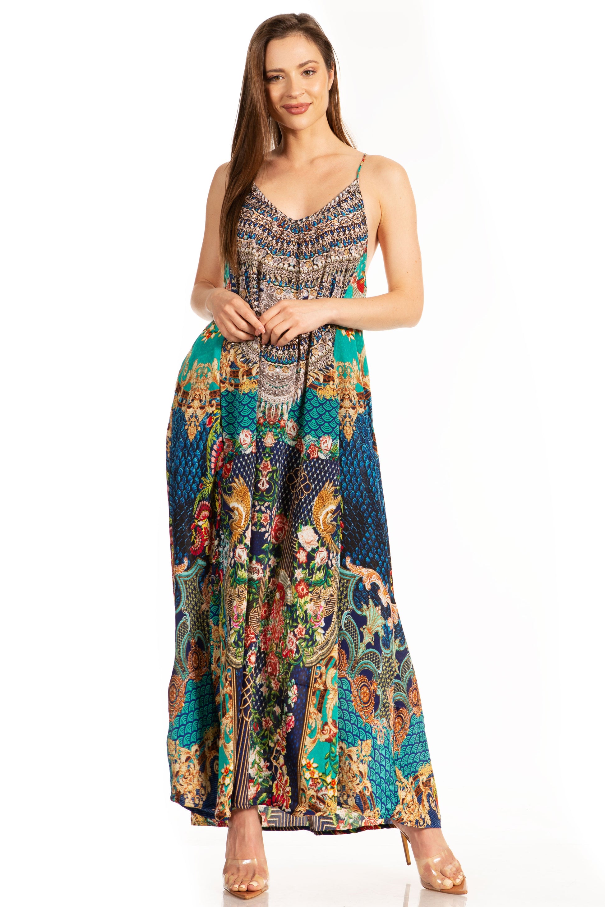 Sakkas Sofia Women's Spaghetti Strap V-neck Floral Print Summer Casual Maxi Dress - Concordia Style Boutique