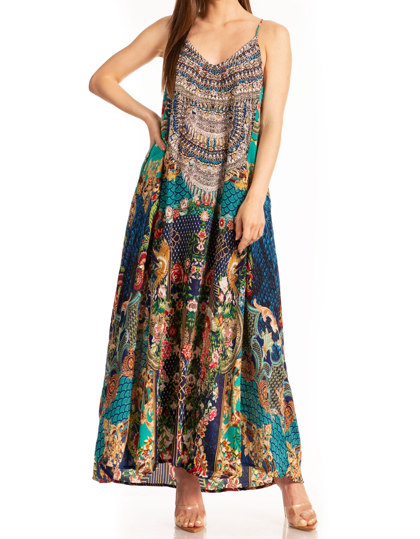 Sakkas Sofia Women's Spaghetti Strap V-neck Floral Print Summer Casual Maxi Dress - Concordia Style Boutique