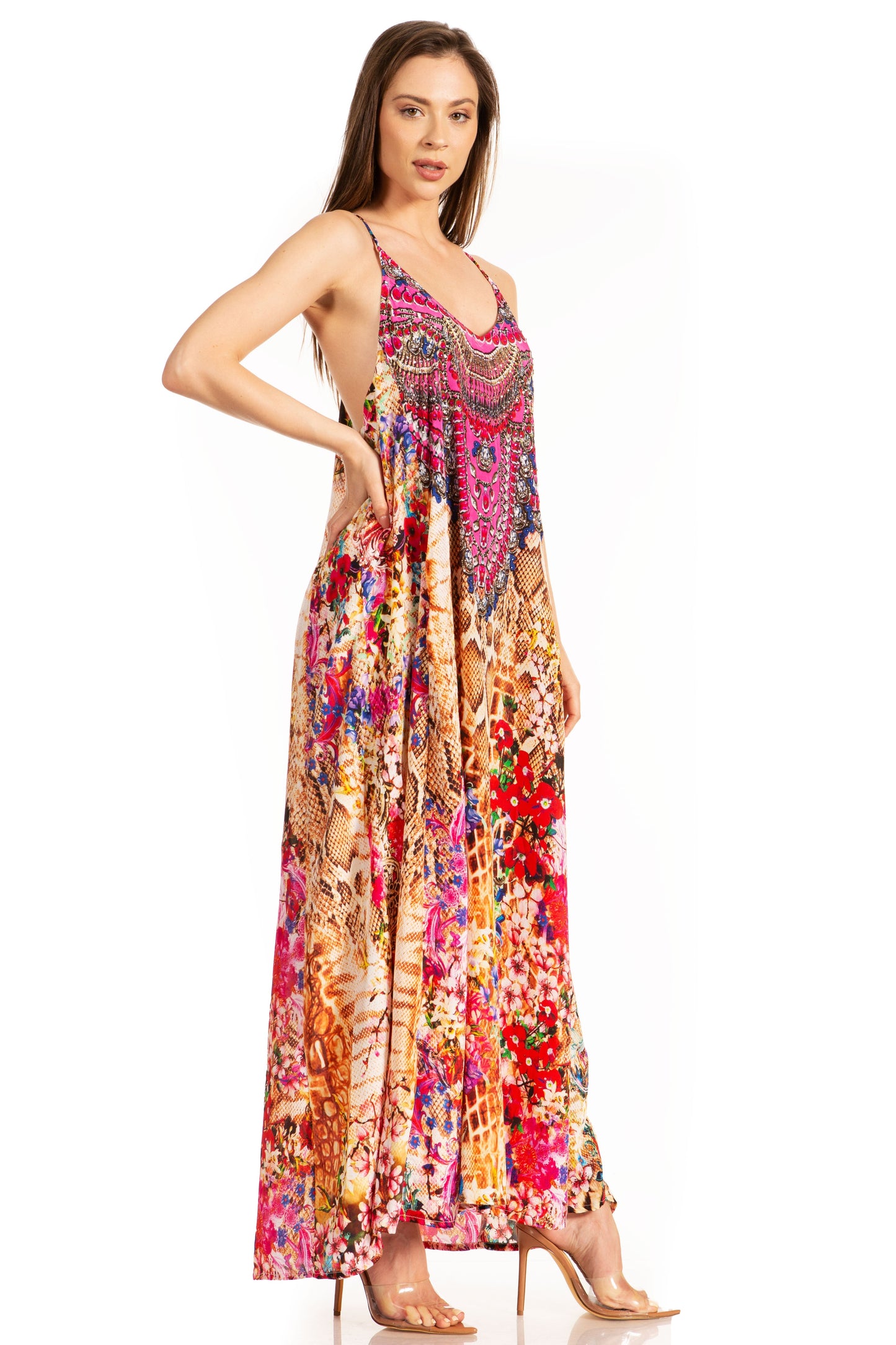 Sakkas Sofia Women's Spaghetti Strap V-neck Floral Print Summer Casual Maxi Dress - Concordia Style Boutique