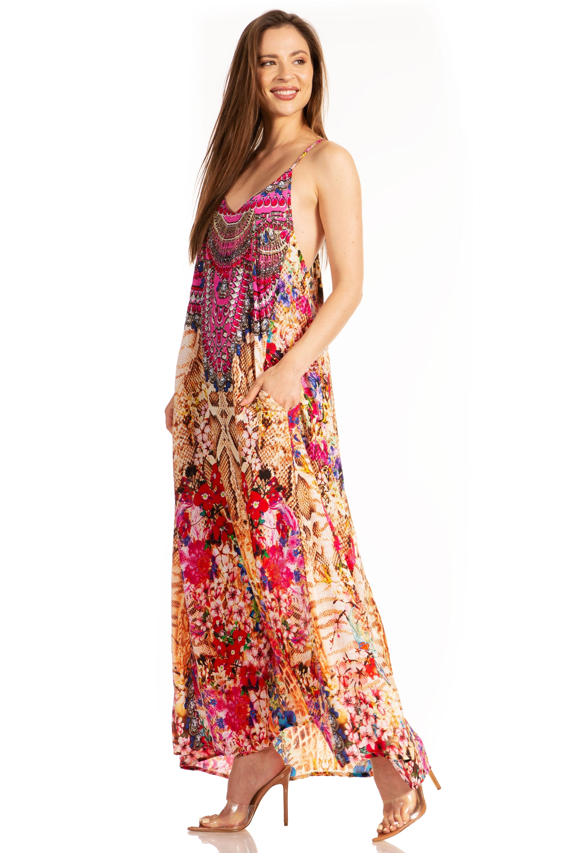 Sakkas Sofia Women's Spaghetti Strap V-neck Floral Print Summer Casual Maxi Dress - Concordia Style Boutique
