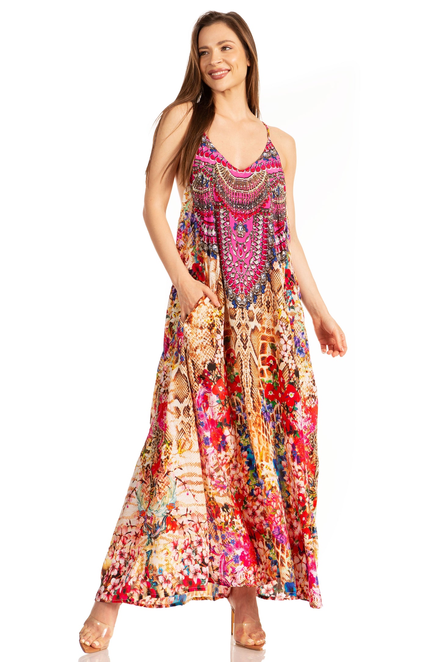 Sakkas Sofia Women's Spaghetti Strap V-neck Floral Print Summer Casual Maxi Dress - Concordia Style Boutique