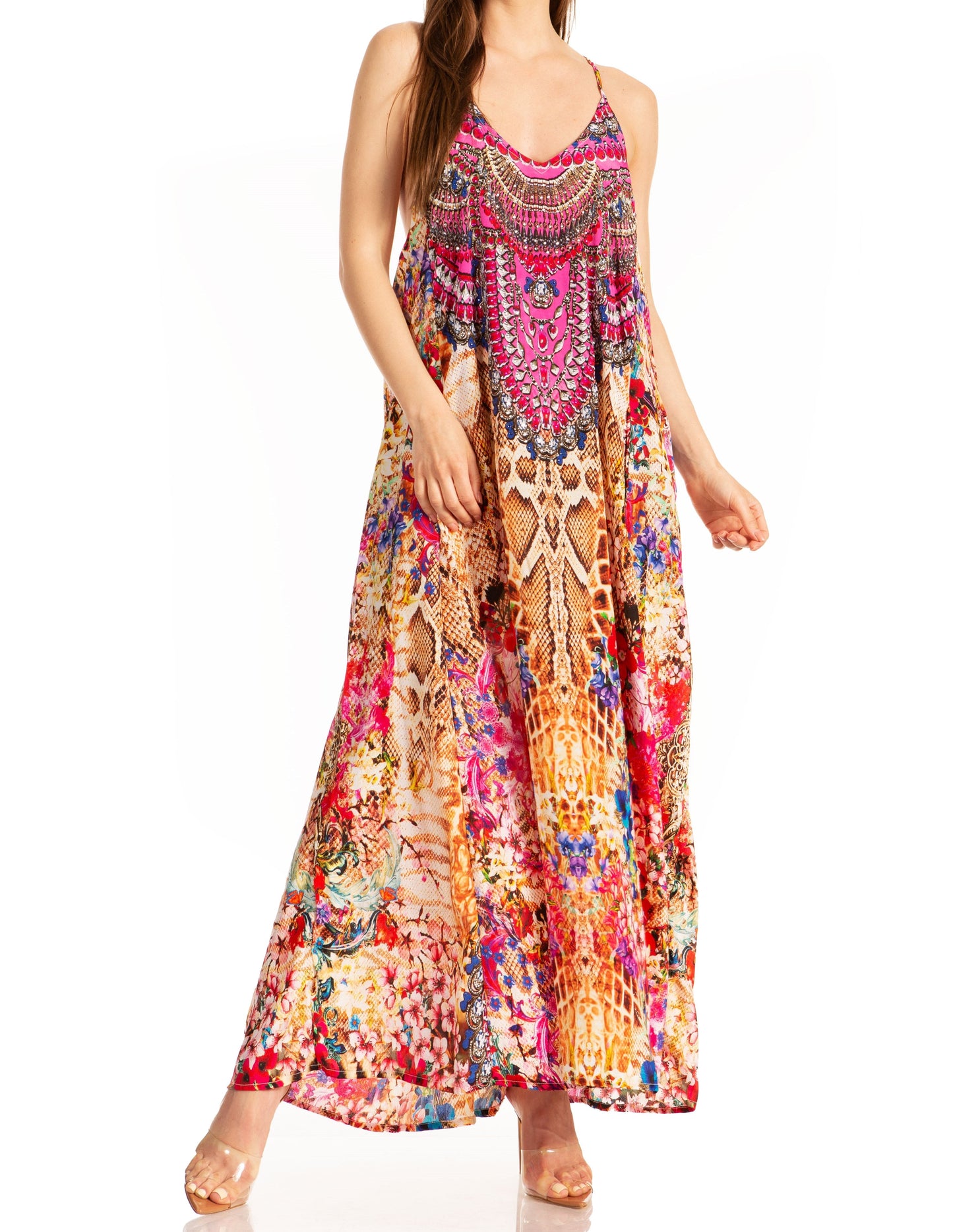 Sakkas Sofia Women's Spaghetti Strap V-neck Floral Print Summer Casual Maxi Dress - Concordia Style Boutique