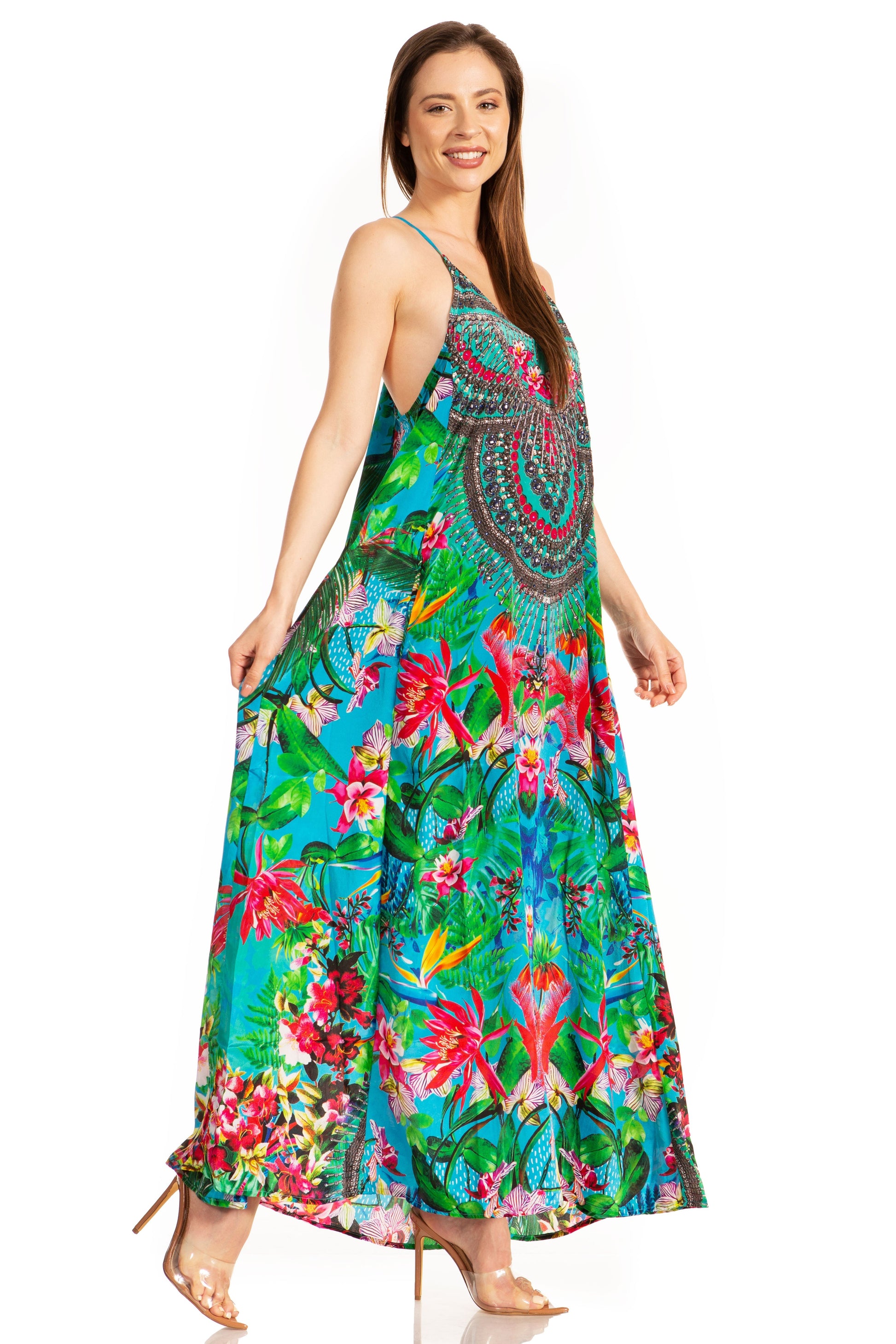 Sakkas Sofia Women's Spaghetti Strap V-neck Floral Print Summer Casual Maxi Dress - Concordia Style Boutique